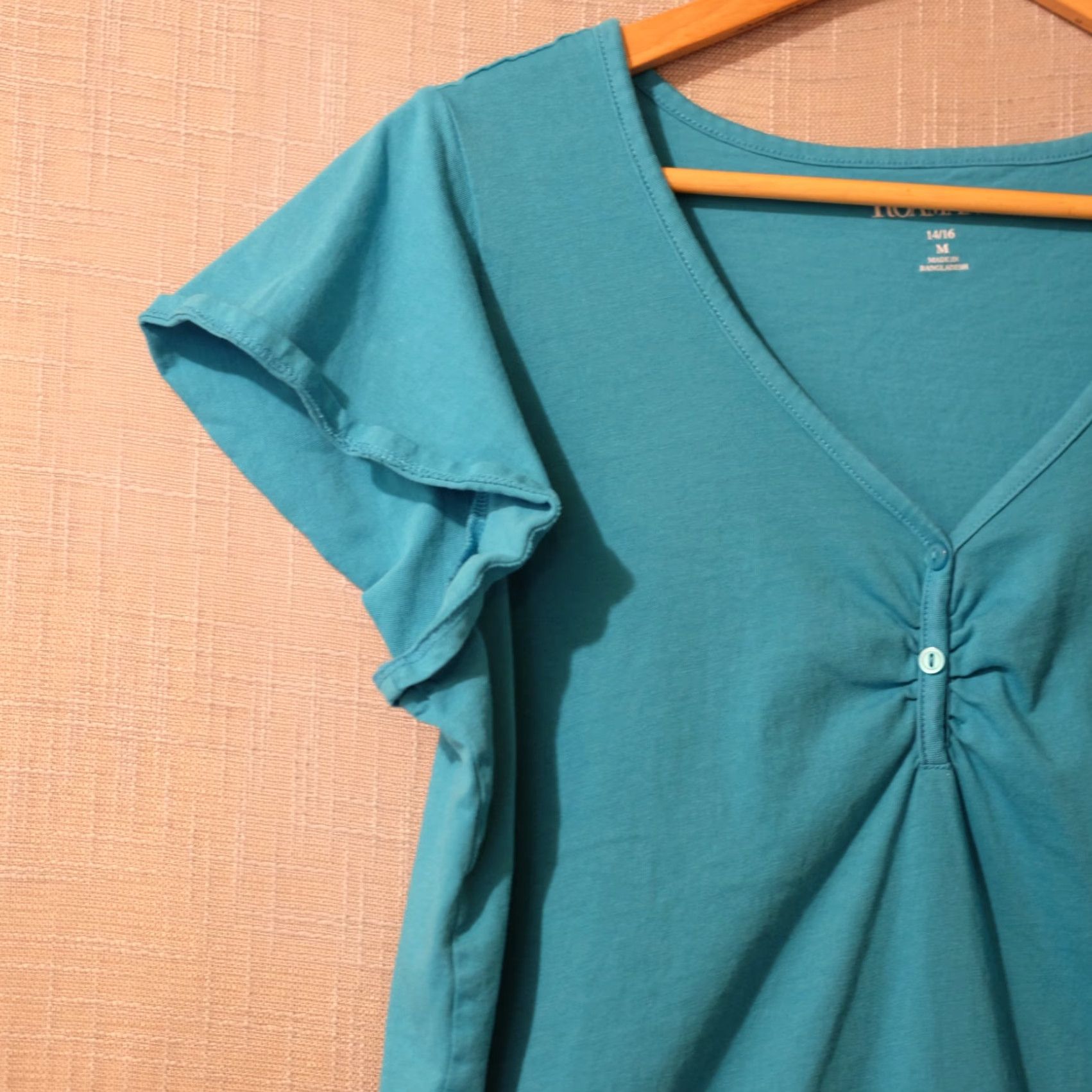 Vintage Roaman's Teal Short Sleeve V-Neck Button Accent Cotton Womens M 14/16 #A6-16 Size 32" / US 10 / IT 46 - 2 Thumbnail
