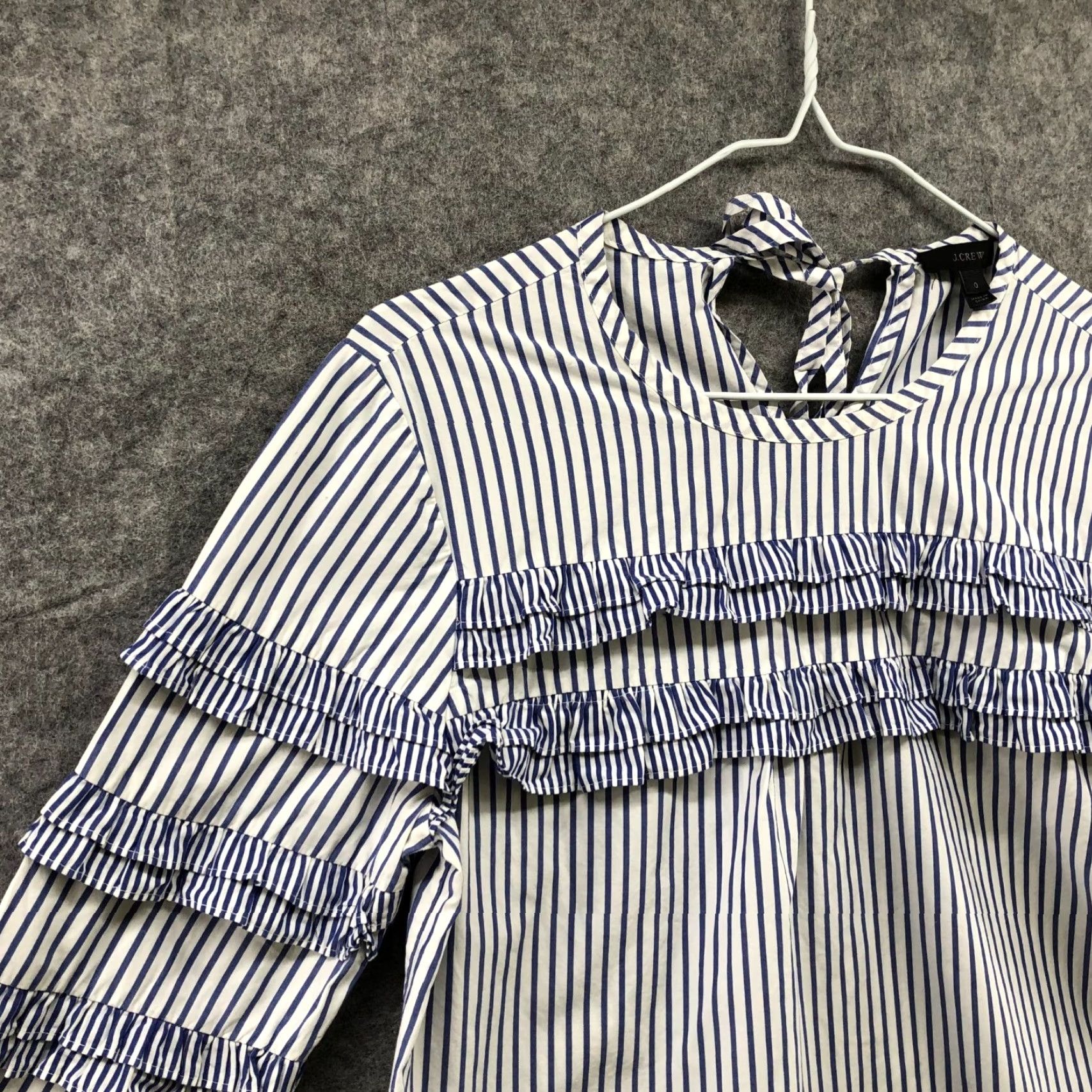 J.Crew J. Crew Long Sleeve Blouse Womens 0 XS Blue White Stripe Ruffle Cotton Crew Neck Tie Back Nautical Casual Blouse Womens Size XS / US 0-2 / IT 36-38 - 5 Thumbnail