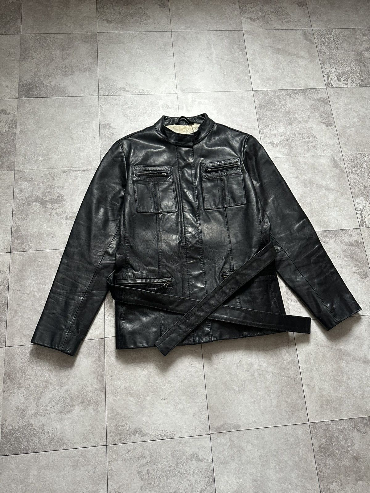 Gap × Vintage Vintage GAP Leather Black Belted Leather Biker Jacket Size M / US 6-8 / IT 42-44 - 2 Thumbnail