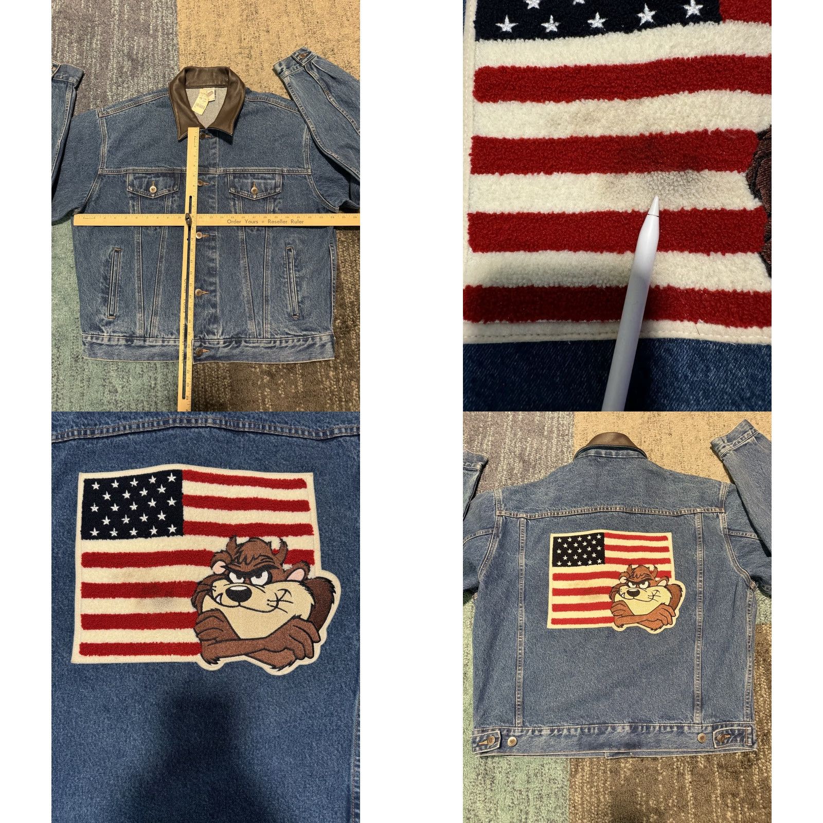 Vintage VINTAGE Warner Bros TAZ Tasmanian Devil Denim Jacket Large Unisex Adults 90s Leather Collar Blue Jean Style, USA Size US L / EU 52-54 / 3 - 11 Thumbnail
