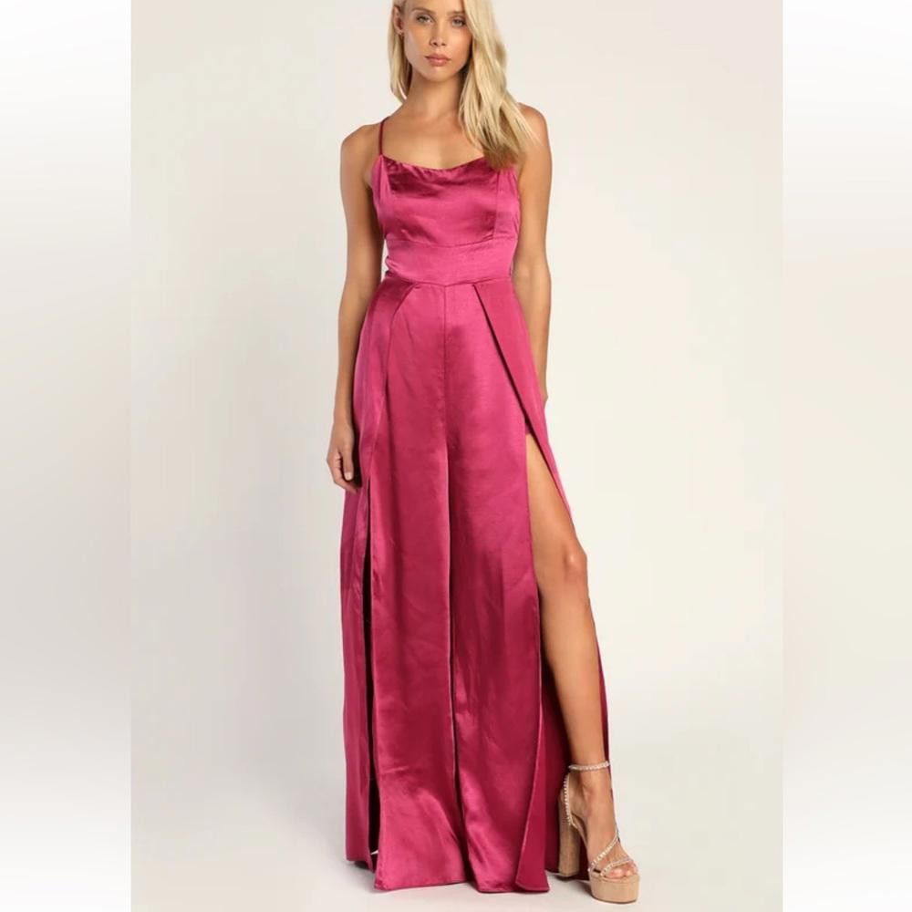 Lulus Lulus NWT Passionate Perfect PinkSatin Split-Leg Jumpsuit XS Size 26" / US 2 / IT 38 - 1 Thumbnail