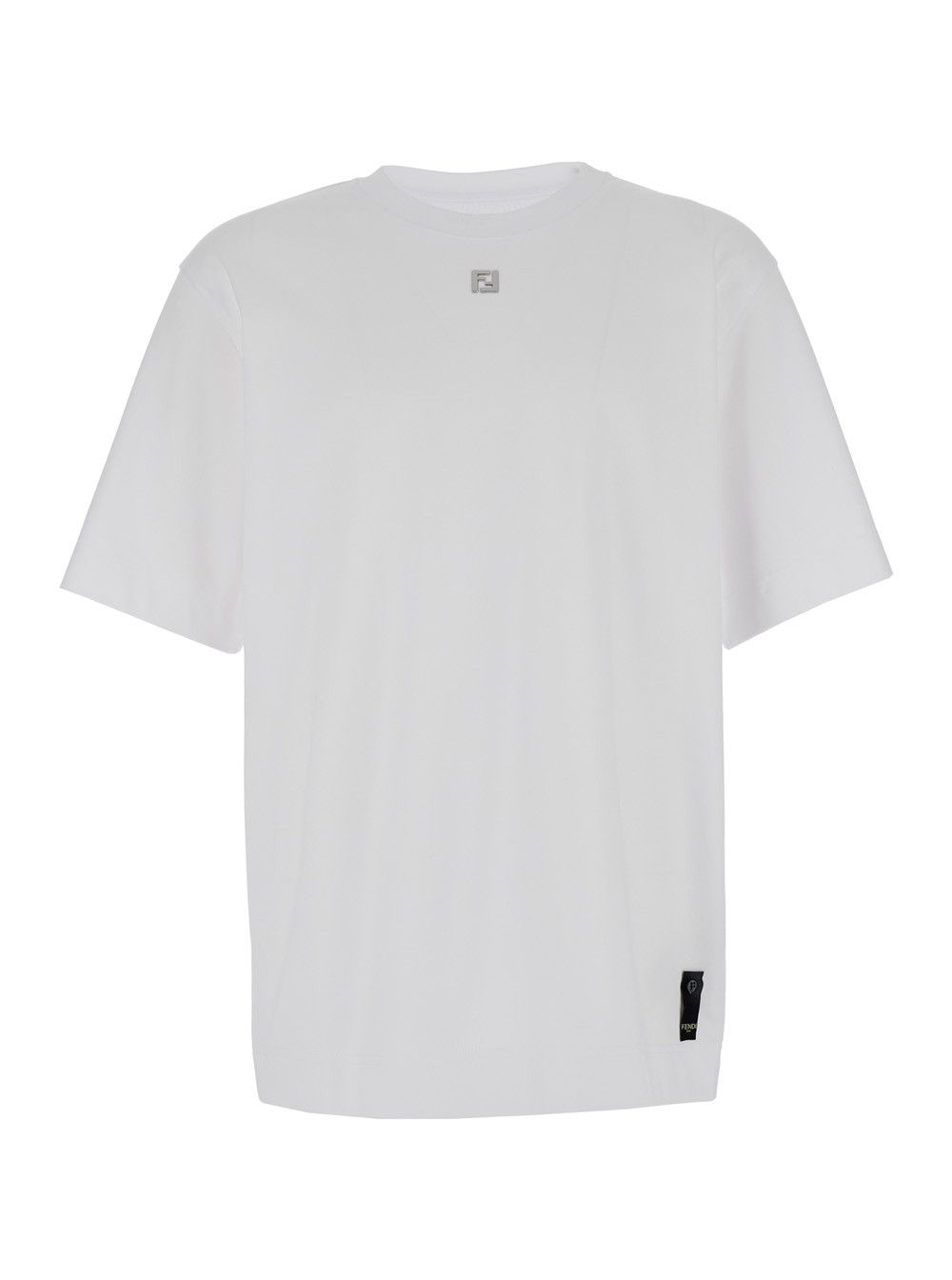 Fendi White Crew Neck T-Shirt with FF Plate on the Front in Cotton for Men Size US L / EU 52-54 / 3 - 1 Thumbnail