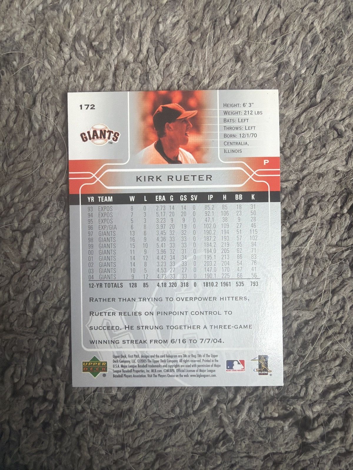 MLB 2005 Upper Deck #172 Kirk Rueter Card Size ONE SIZE - 2 Thumbnail