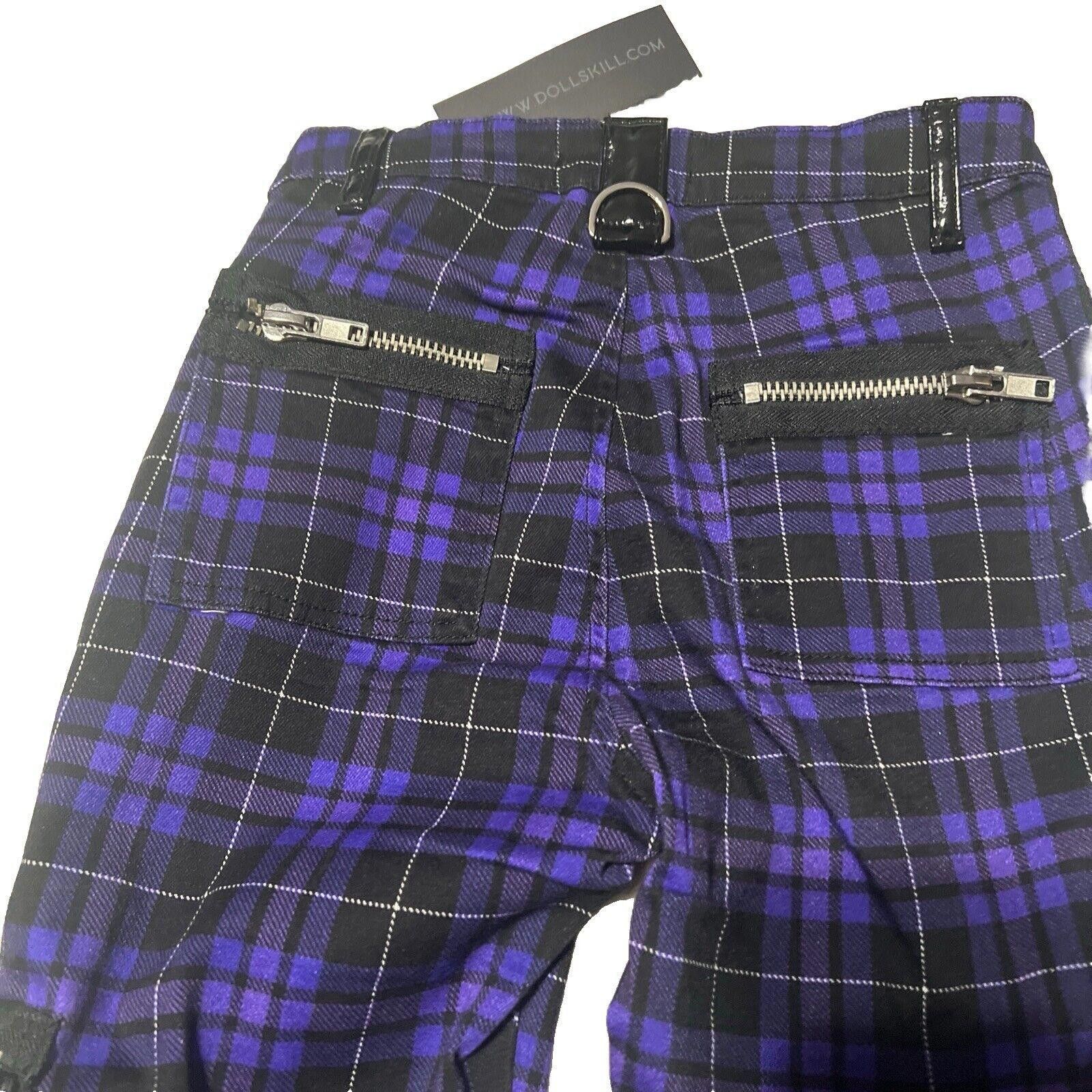Designer Widow Plaid Bondage Pants Black Purple High Rise Suspenders Size 26" / US 2 / IT 38 - 9 Thumbnail