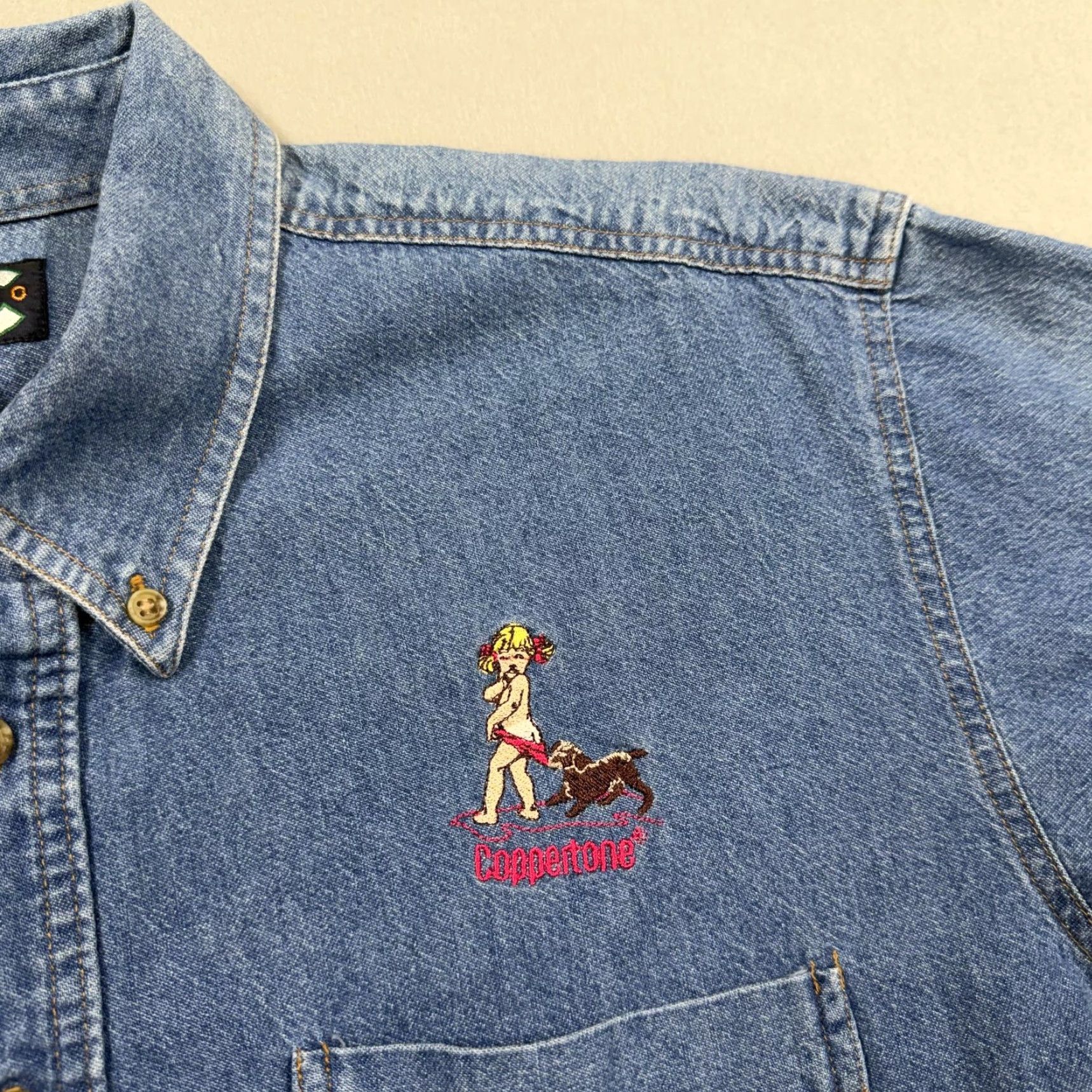 Vintage Three Rivers Shirt Mens XL Blue Denim Coppertone Embroidered Button Short Sleeve Size US XL / EU 56 / 4 - 2 Thumbnail