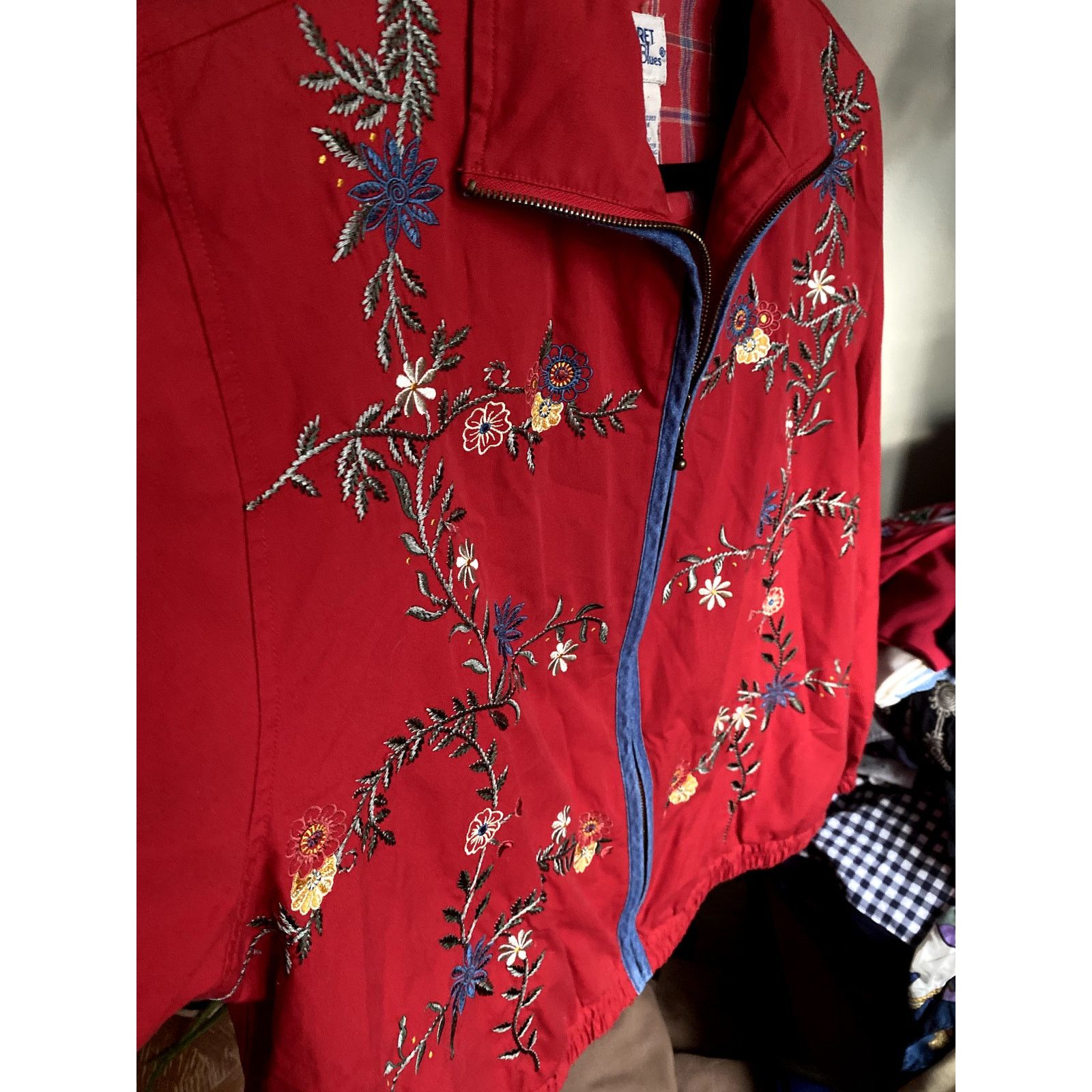 Vintage 1990's Vintage Embroidered Floral Plaid Red Jacket Large Size L / US 10 / IT 46 - 3 Thumbnail
