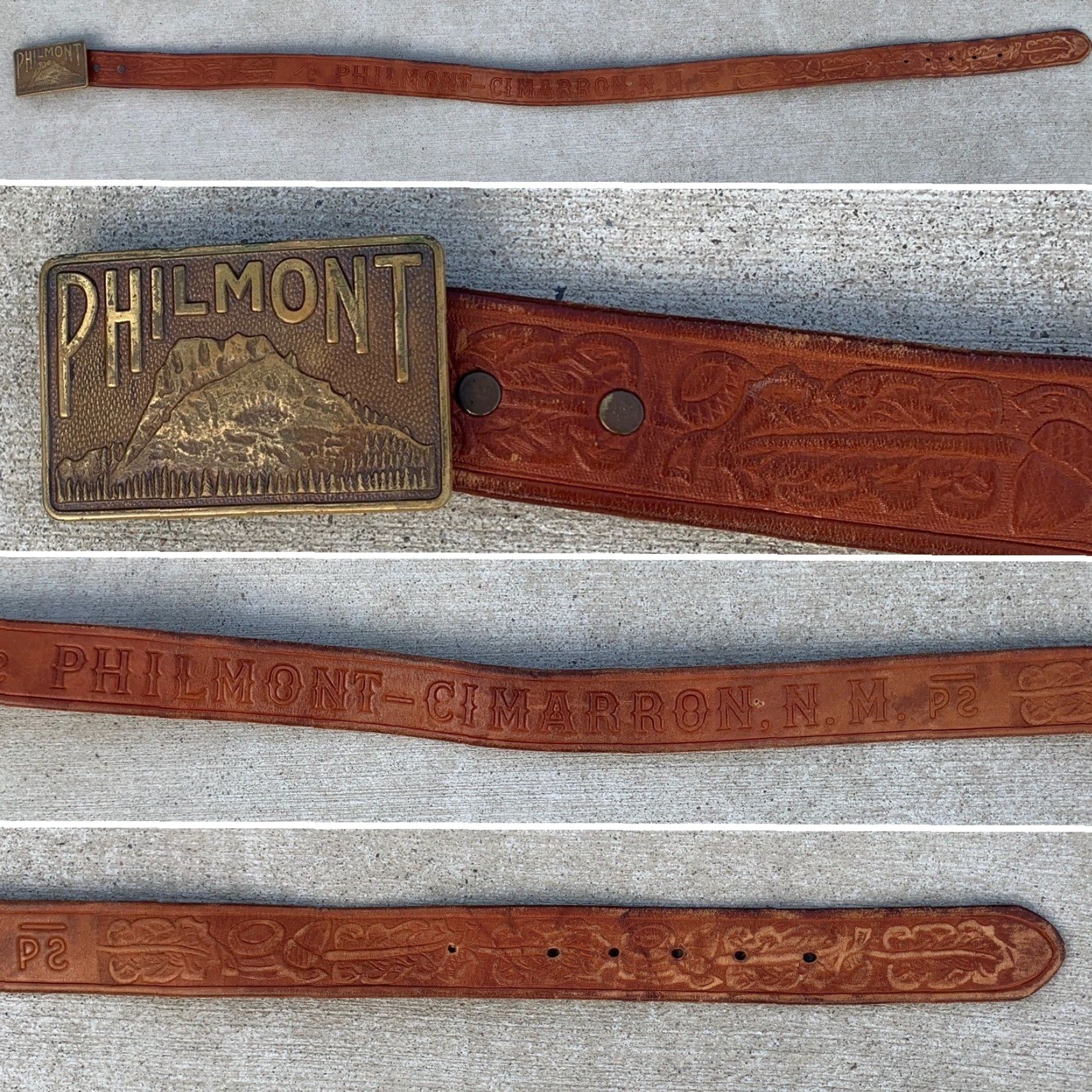 Vintage Philmont Belt Buckle Bastian Bros Co Rochester NY 1939 Union Made Tooled Leather Belt Brown Men Vintage Cowboy Western Size ONE SIZE - 5 Thumbnail