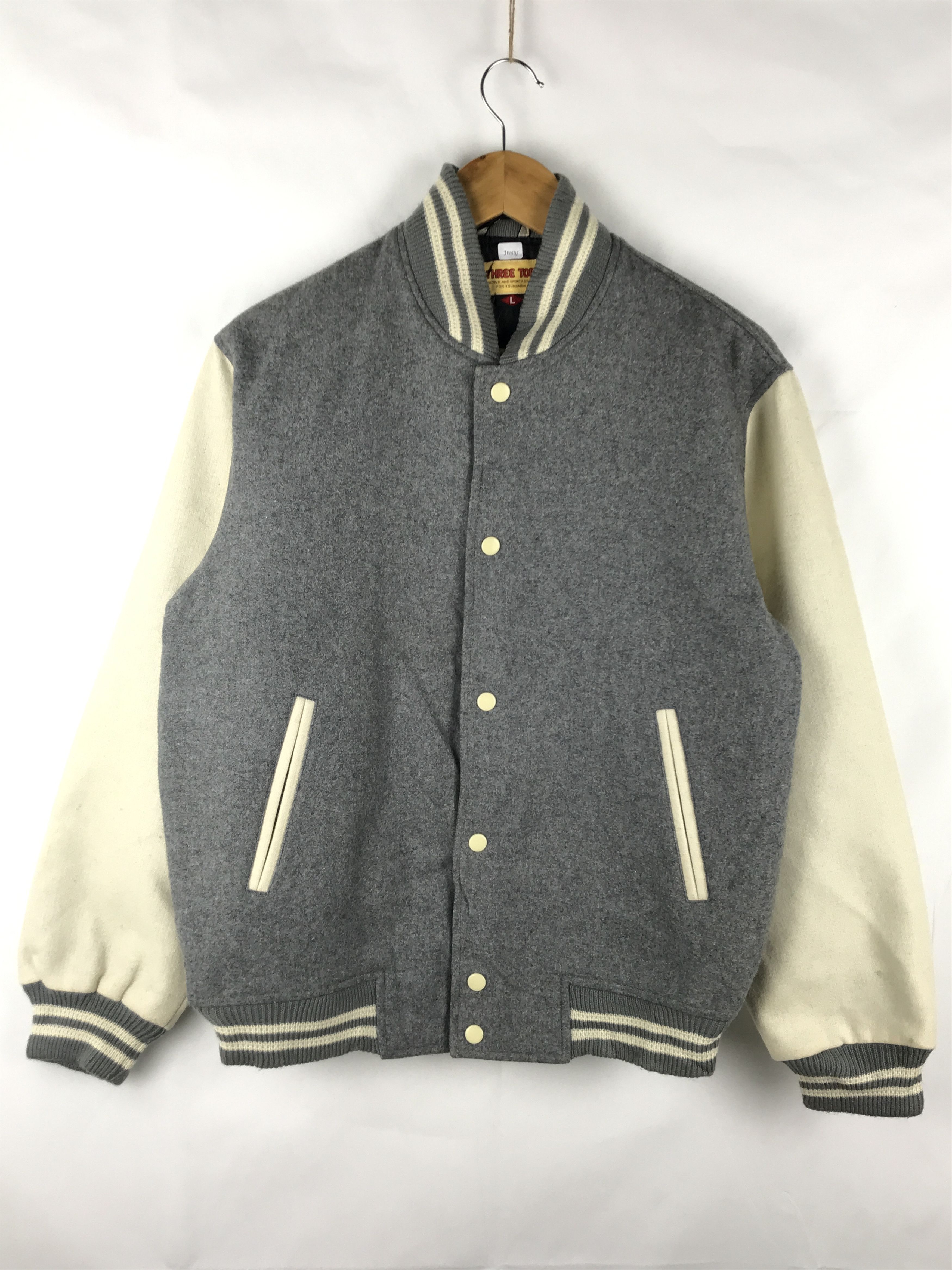 image of Vintage Three Top Varsity Jacket in Grey, Men's (Size Small)