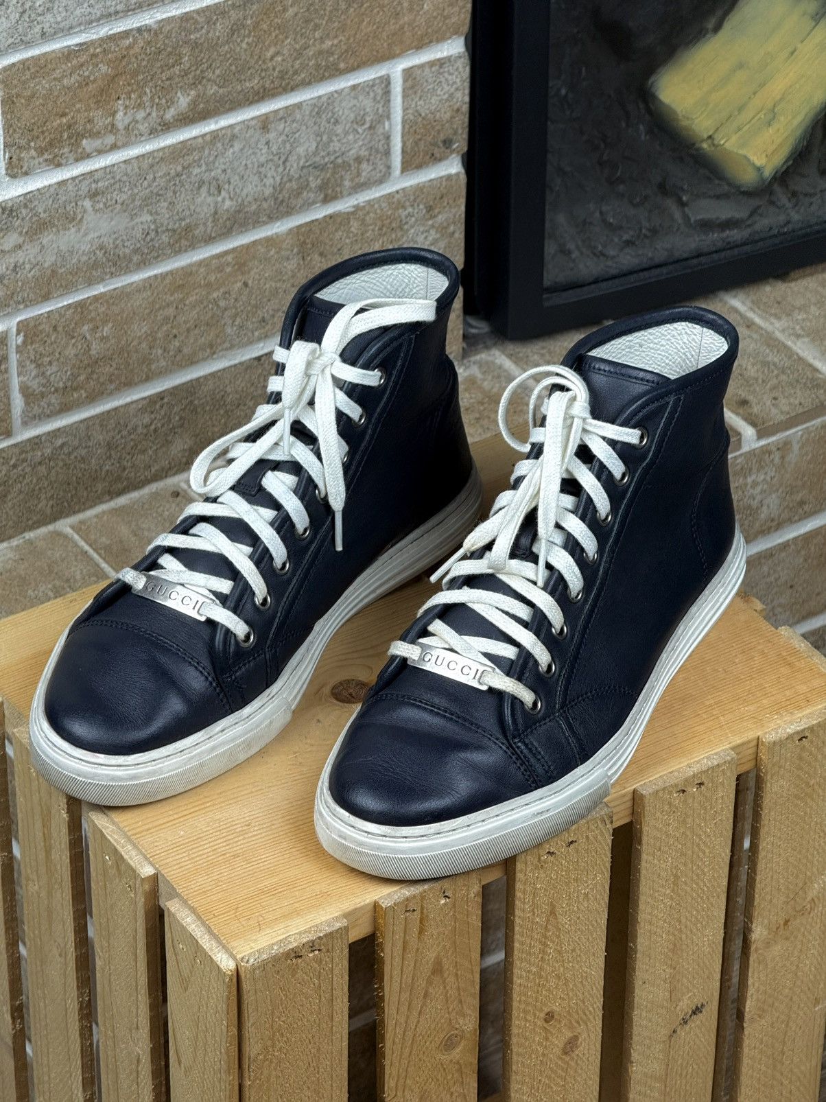 Gucci Gucci Blue Leather Hi Top Sneakers Size US 6.5 / EU 39-40 - 3 Thumbnail