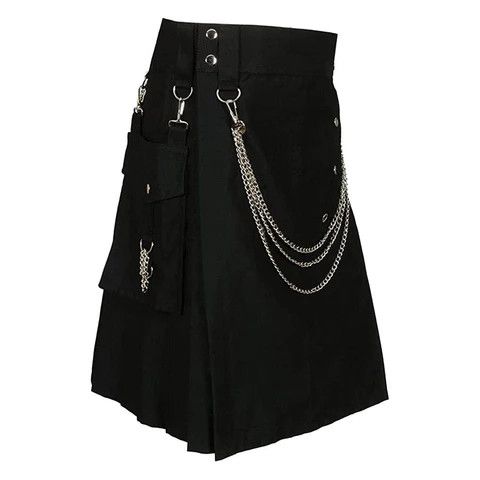 Handmade × Other Cargo Utility Fashion Kilt Black with Silver Chains Size US 32 / EU 48 - 1 Thumbnail