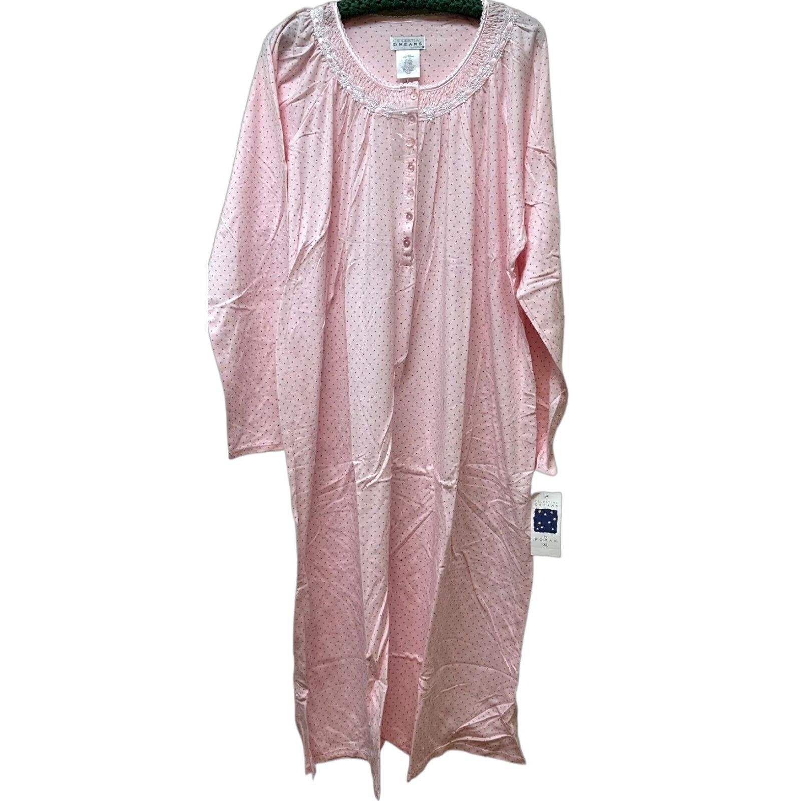 Pinko VINTAGE Celestial Dreams Gown Nightgown Long Cotton Flannel Pink Polka Dot XL NEW NOS 1990s Womens Nightgown Size ONE SIZE - 1 Thumbnail