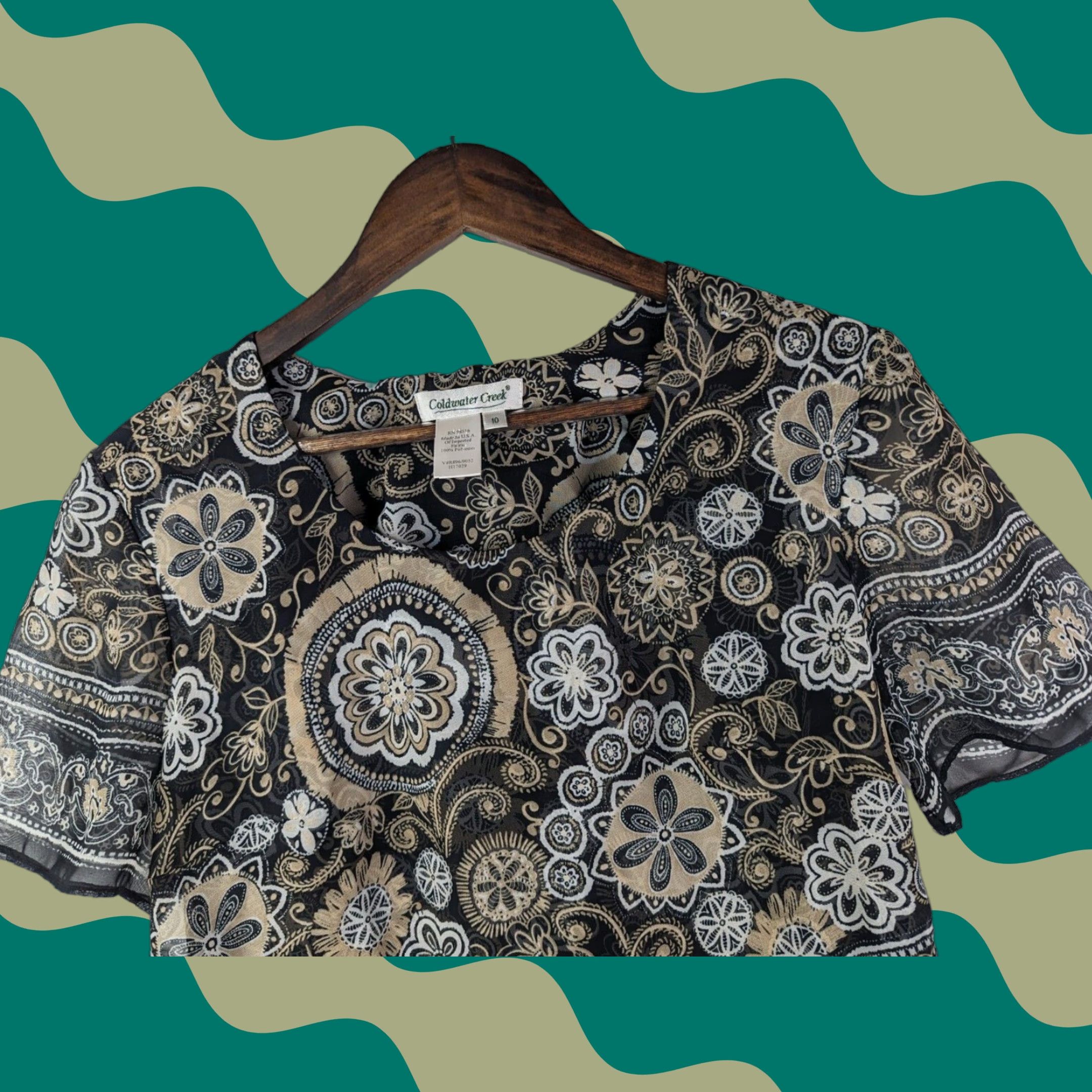 Coldwater Creek Coldwater Creek Top Blouse Geometric Floral Sheer Tank Underneath Made in USA Cap Sleeve Scoop Neck Pullover Casual M Black Womens Blouse USA Size M / US 6-8 / IT 42-44 - 1 Thumbnail