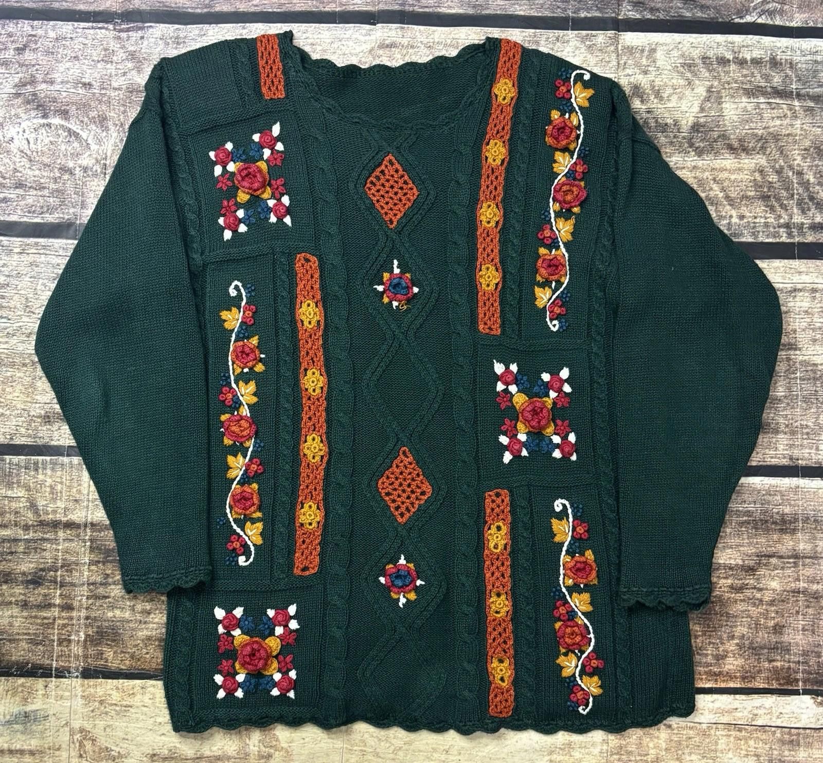 The Unbranded Brand VTG Sweater Womens Medium 3D Floral Cable Knit Green Cotton Size M / US 6-8 / IT 42-44 - 1 Thumbnail