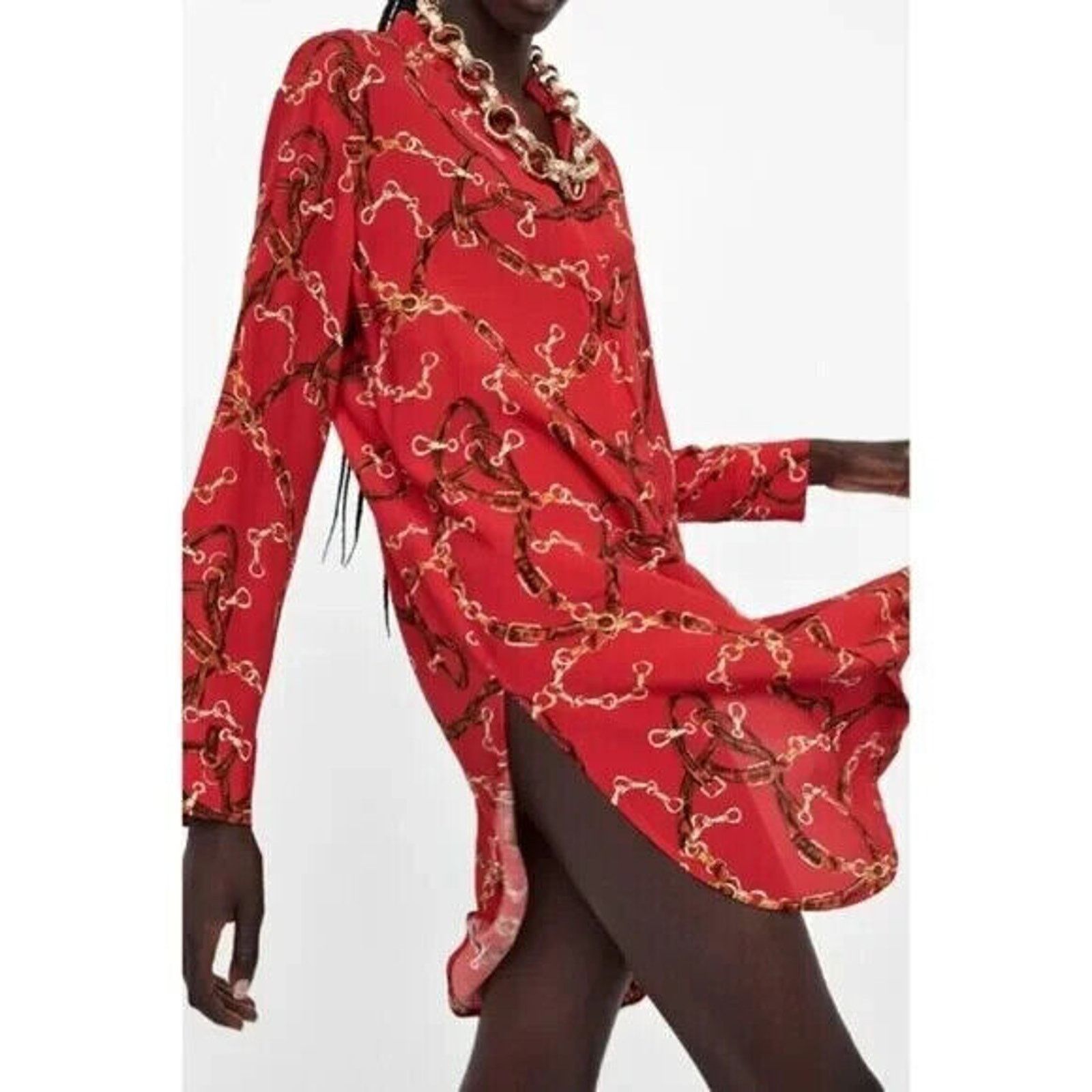 Zara ZARA BASICS EQUESTRIAN PRINT LONG SLEEVE TUNIC SHIRT DRESS L Size L / US 10 / IT 46 - 4 Thumbnail