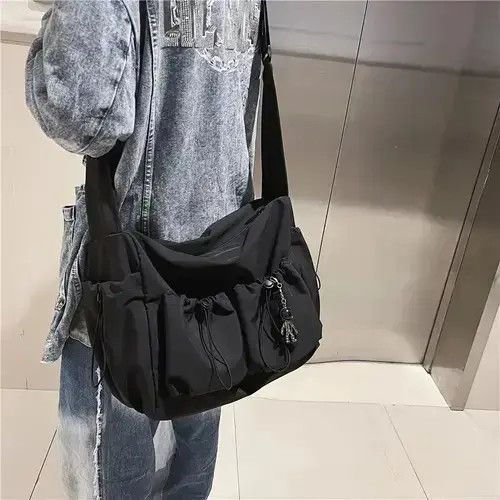 Vintage Y2K Japanese Style Tote Shoulder Canvas Bag School in Black, Men's