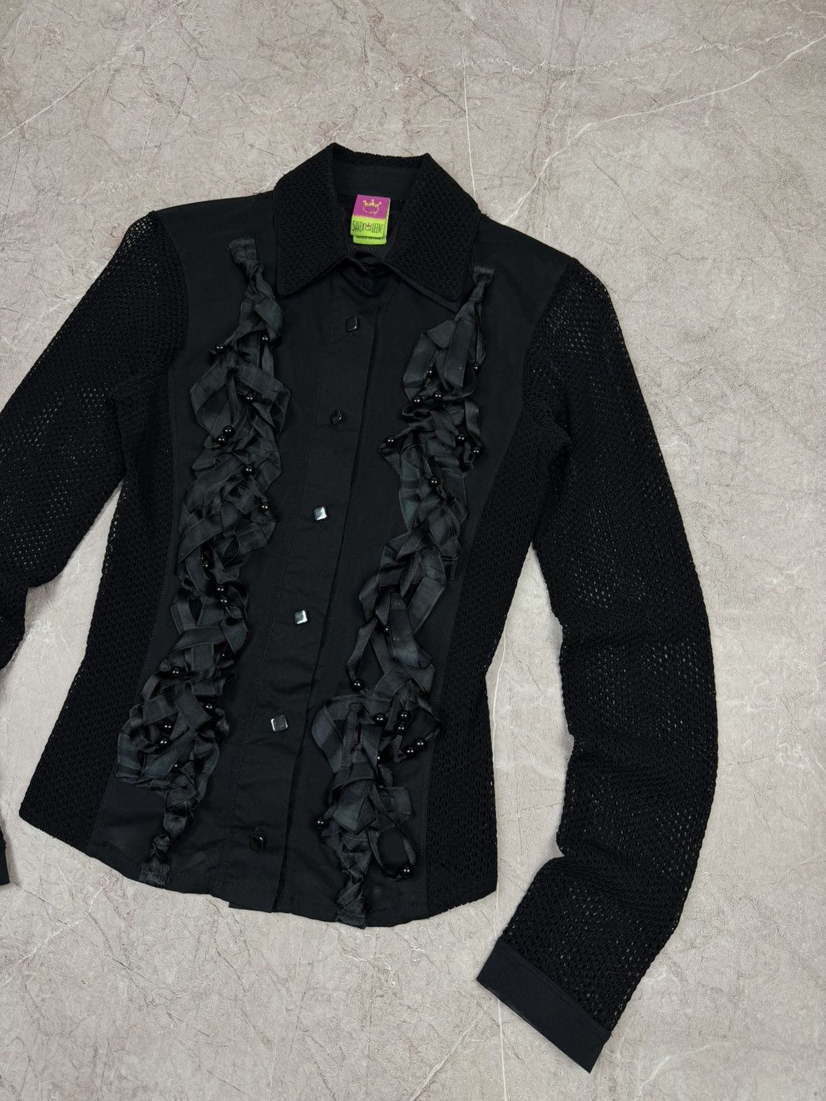 Jean Paul Gaultier Vintage Save The Queen! Mesh & Lace Gothic Ruffle Blouse Size S / US 4 / IT 40 - 2 Thumbnail