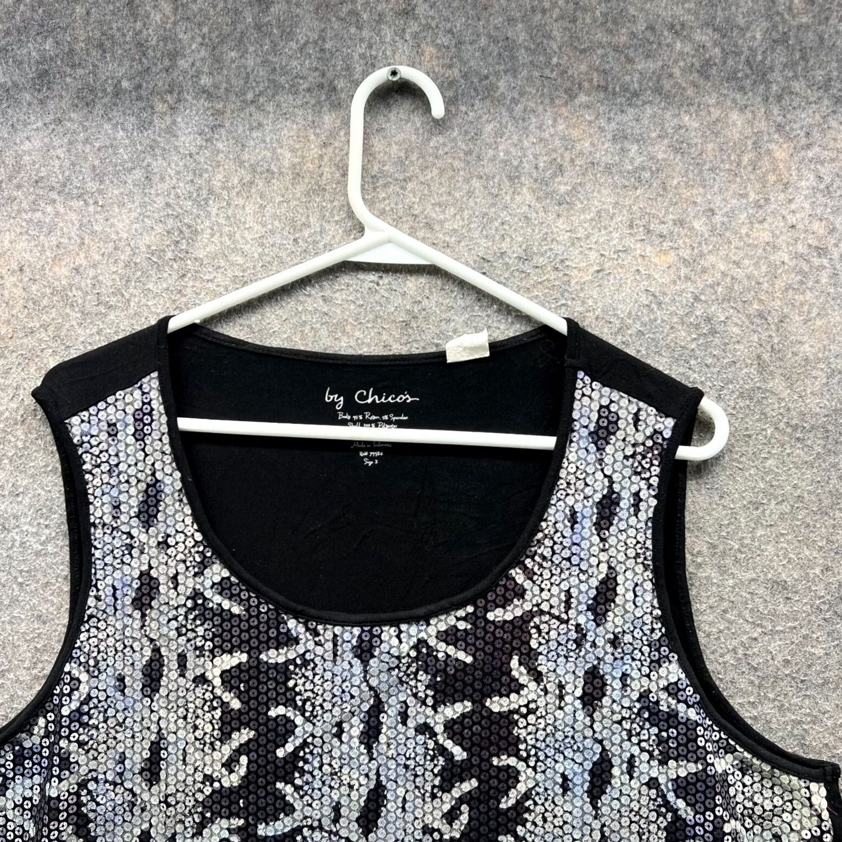 Vintage Chico's Shirt Womens 3 Black Tank Top Sleeveless Sequins Silver Geometric Lined Size XS / US 0-2 / IT 36-38 - 2 Thumbnail