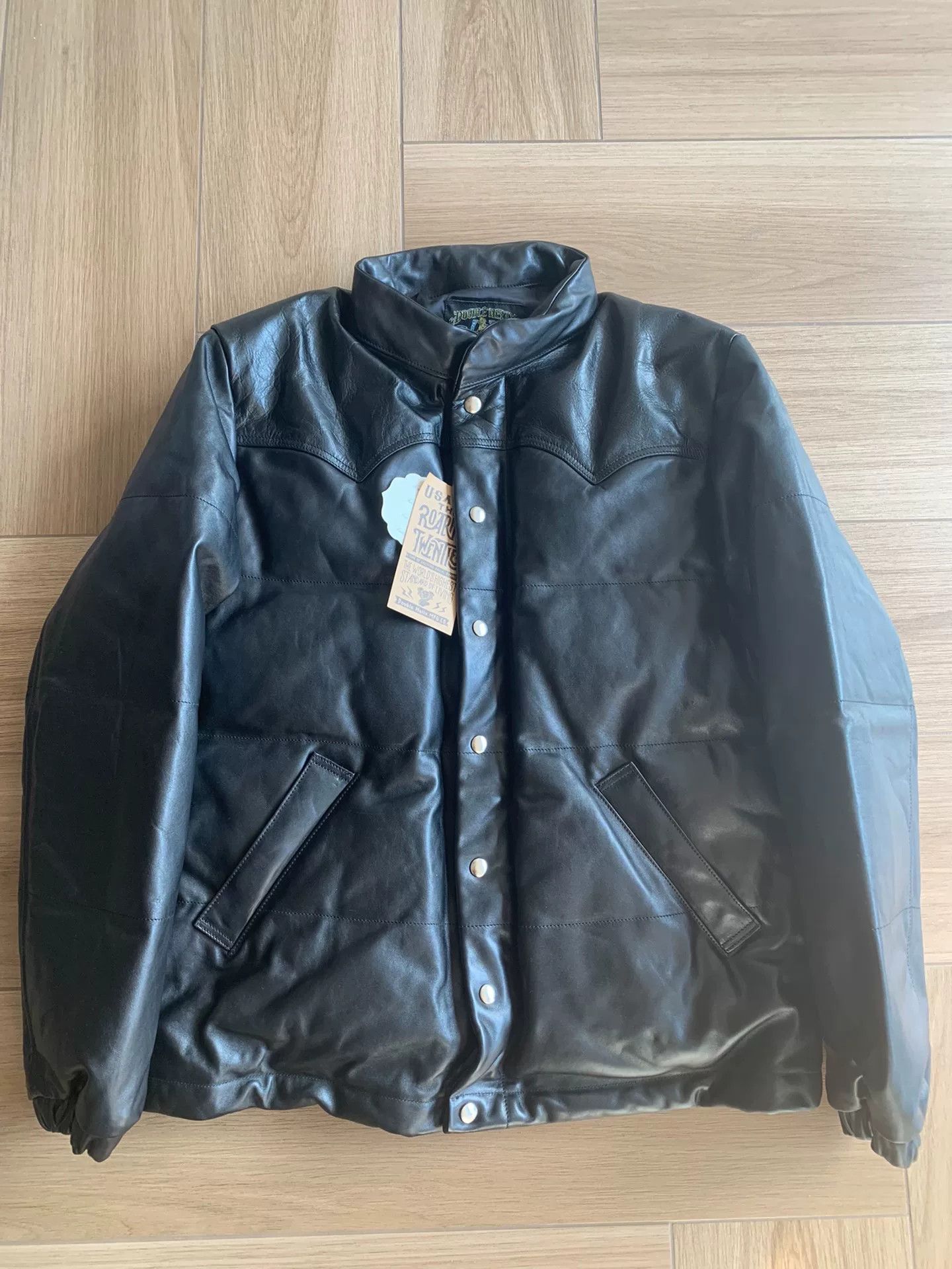 vintage black leather puffer jacket