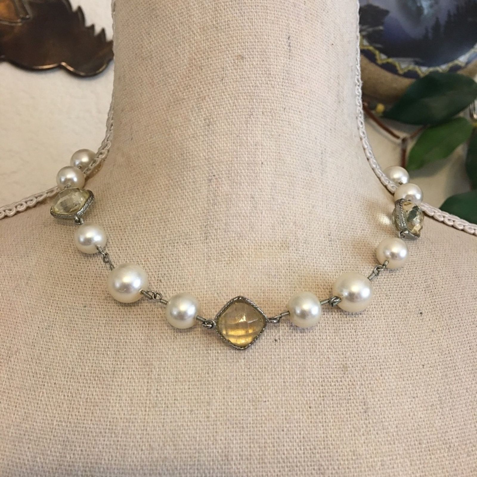 Vintage Vintage faceted stone and pearl linked necklace Size ONE SIZE - 1 Thumbnail