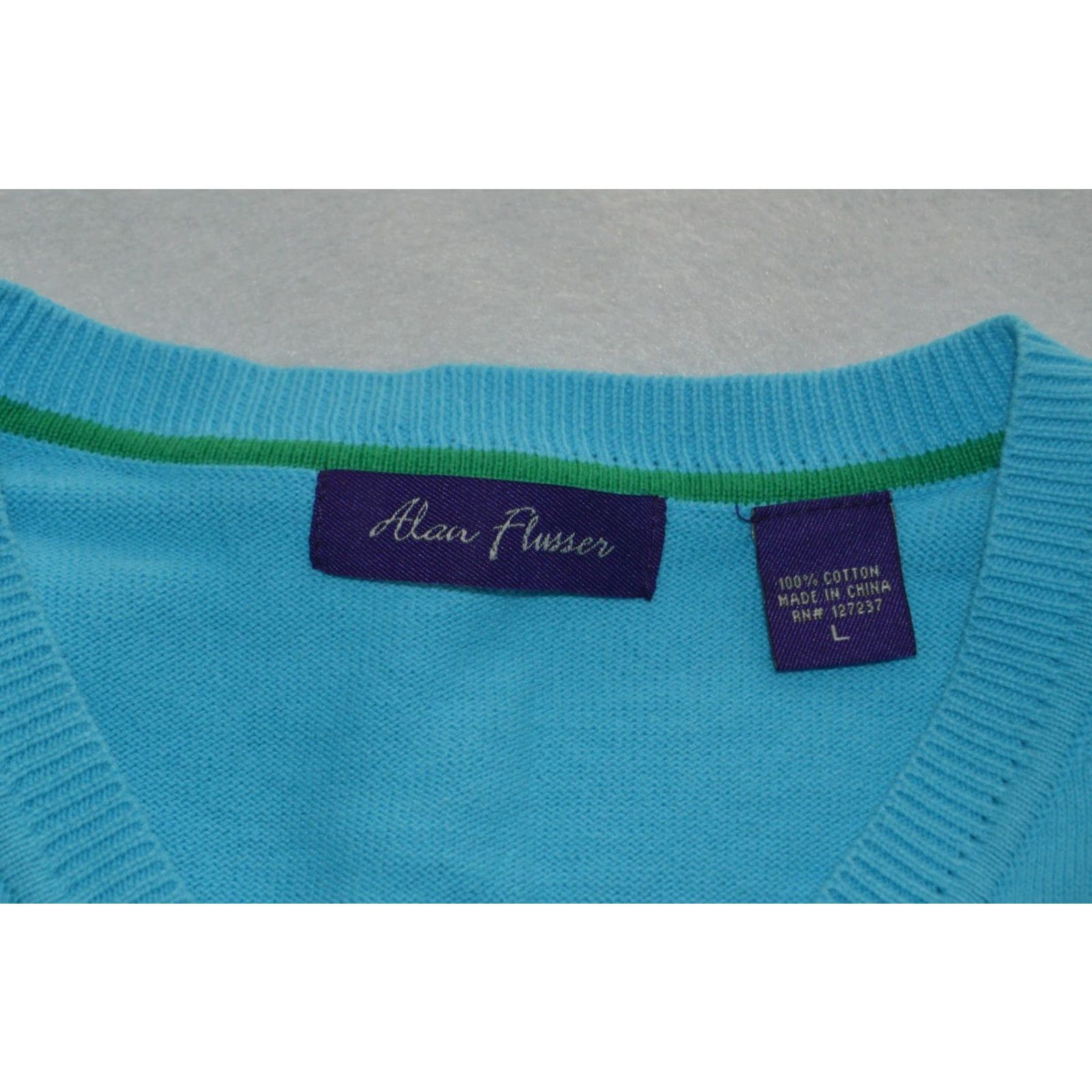 Vintage Alan Flusser Sweater Vest Men’s Large Blue Cotton Knit V-Neck Sleeveless Golf Casual Shirt? Size US L / EU 52-54 / 3 - 3 Thumbnail