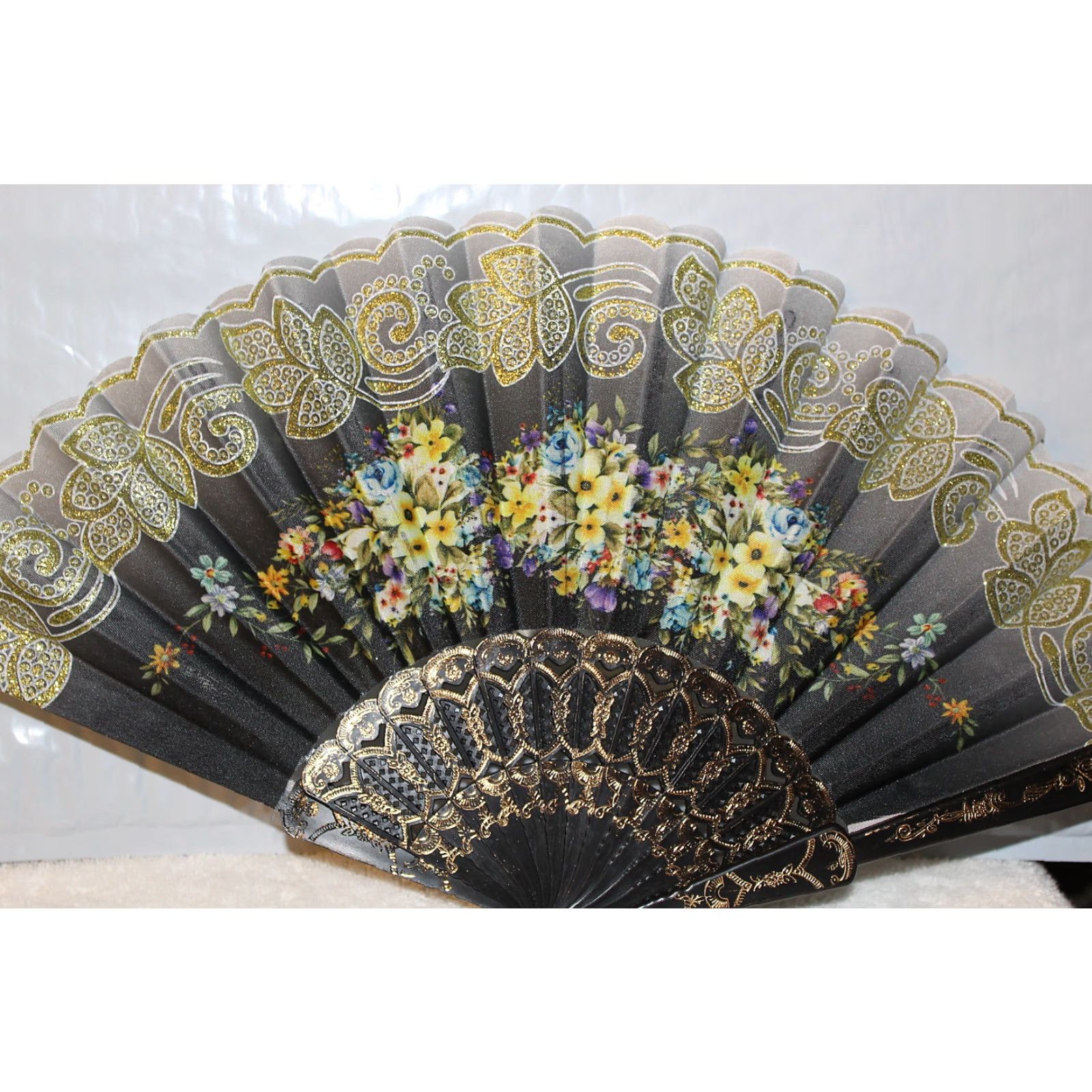 Vintage UNBRANDED SMALL HAND FAN WITH FLOWERS BLACK 16" VINTAGE Size ONE SIZE - 2 Thumbnail