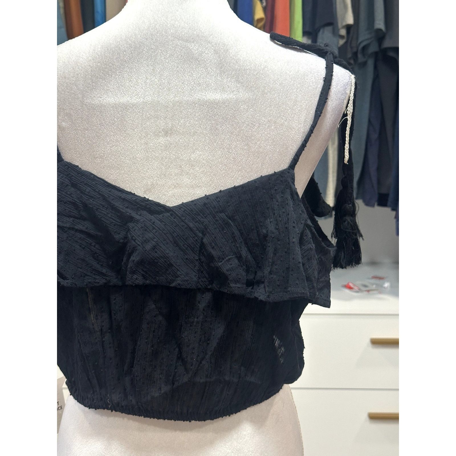 Topshop Topshop Women's Black Ruched Crop Top Tassel Tie Straps 12 Size XL / US 12-14 / IT 48-50 - 7 Thumbnail