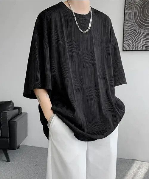 Other Korean Black Wave Pleated Oversized Relaxed Tee T-shirt Size US XL / EU 56 / 4 - 2 Thumbnail