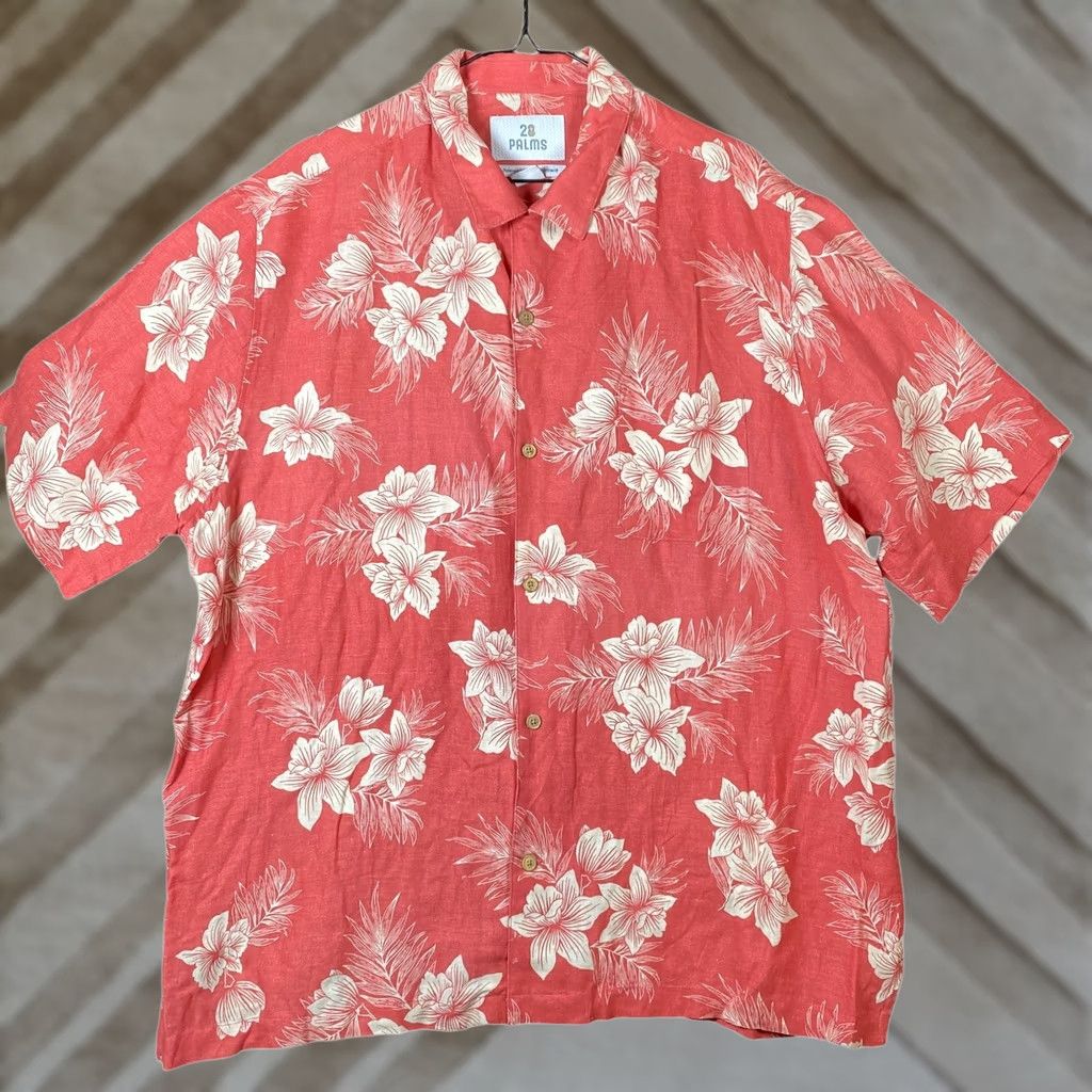 Vintage 28 Palms Shirt XL Salmon Floral Collared Button-Down Silk Linen Blend Short Sleeve Casual Mens Size US XL / EU 56 / 4 - 1 Thumbnail