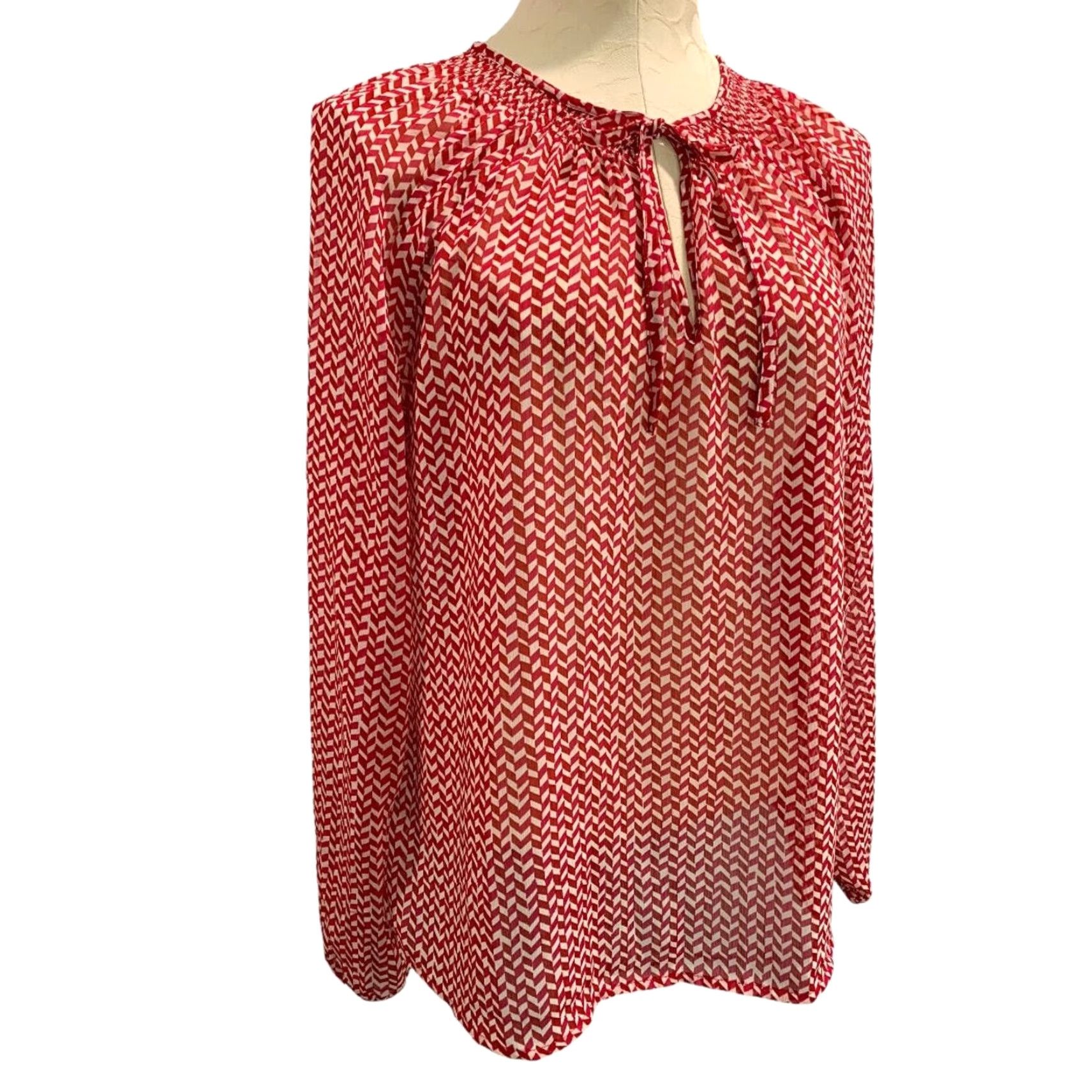 Gap Gap Womens Blouse Medium Peasant Style Sheer Shirt Red White Size M / US 6-8 / IT 42-44 - 2 Thumbnail