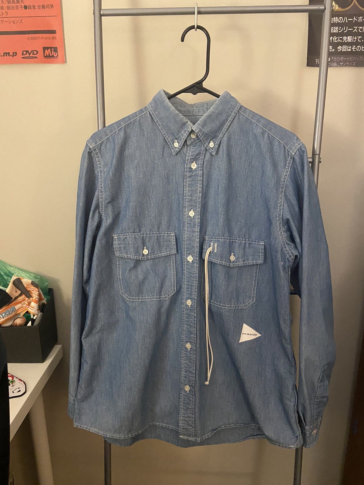 image of And Wander Denim Tactical Button Up Shirt, Men's (Size Large)