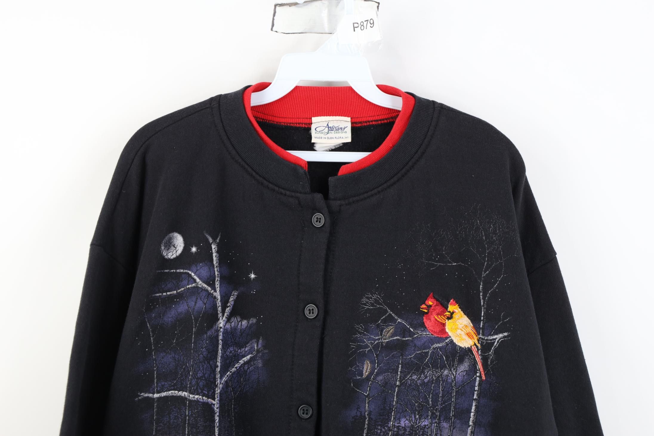 Vintage Vintage 90s Nature Night Bird Tree Cardigan Sweatshirt USA Size XL / US 12-14 / IT 48-50 - 2 Thumbnail