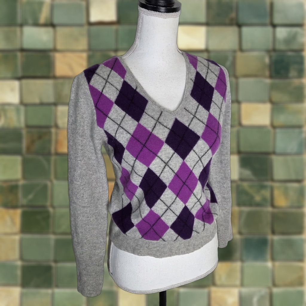 Vintage VINTAGE 100% CASHMERE Argyle Sweater Small Gray Purple Preppy Academia Y2K - Pullover Womens Knits Size S / US 4 / IT 40 - 1 Thumbnail