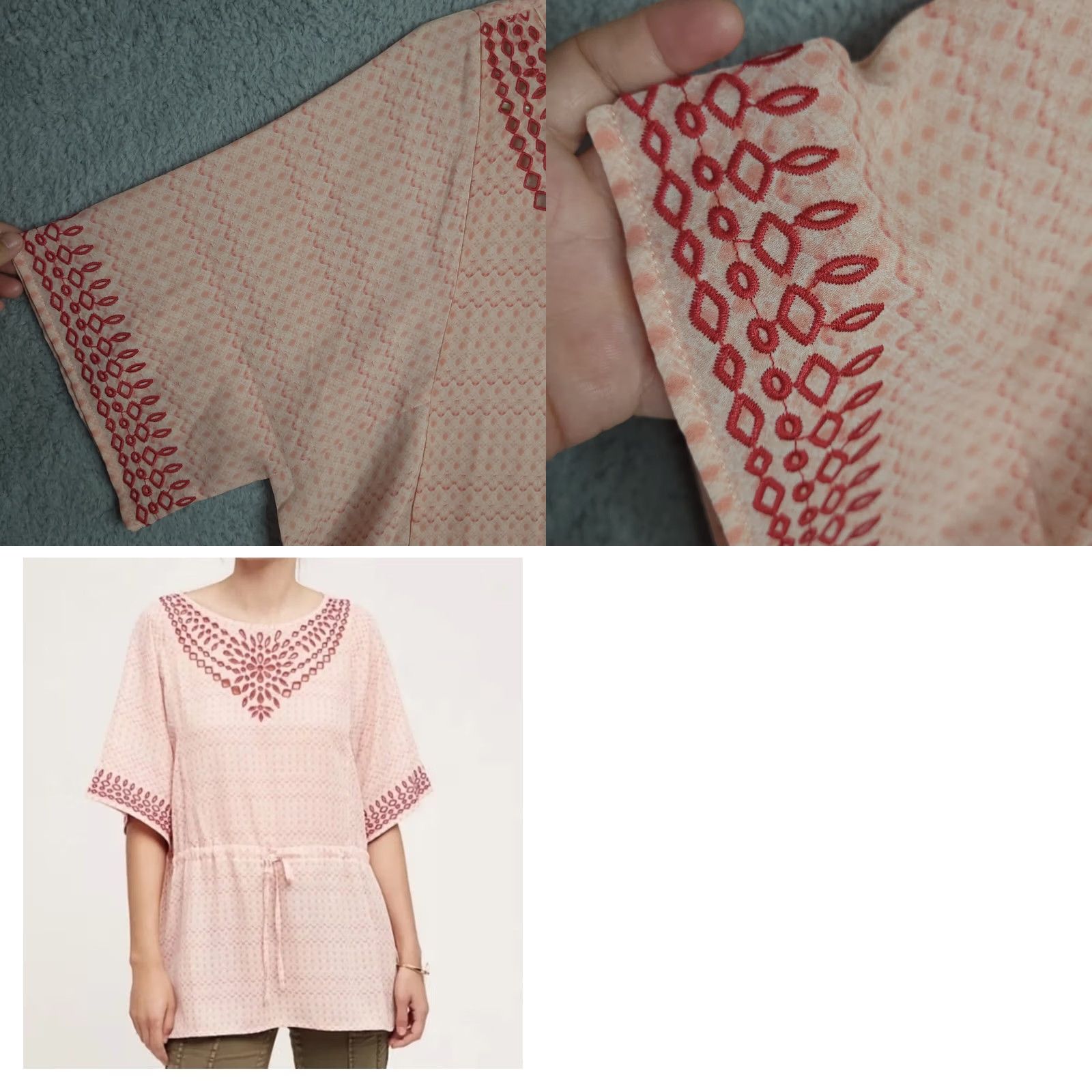 Anthropologie Anthropologie Blouse Shirt Women's Embroidered Peach tie waist Sz M Multicolor Short Sleeve Round Neck Casual All Seasons Regular Fit Size M / US 6-8 / IT 42-44 - 8 Thumbnail
