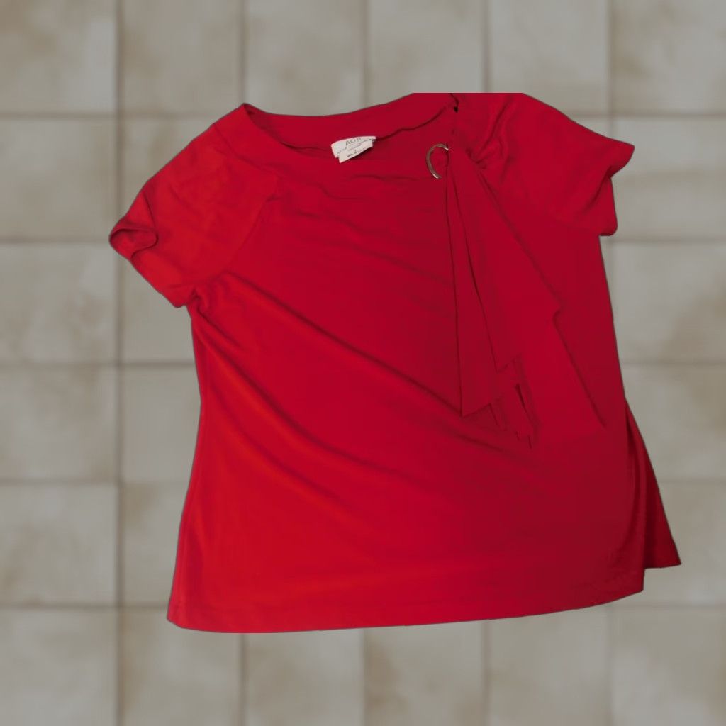 Vintage AGB Blouse Shirt Womens Regular L Red Pullover Short Sleeve Round Neck Stretch Ruffle Polyester Rayon Casual Vintage: No Size L / US 10 / IT 46 - 1 Thumbnail