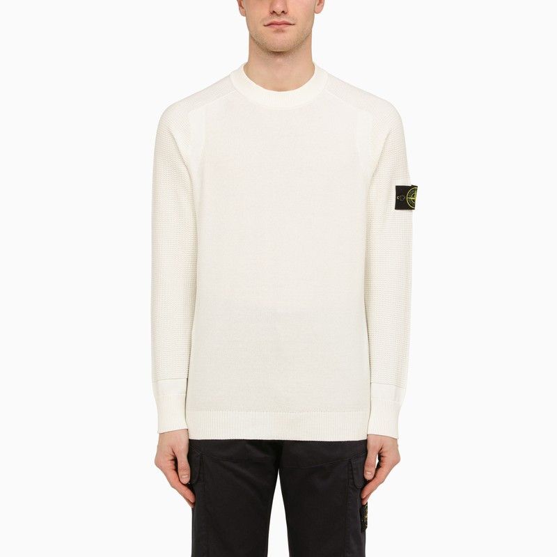 image of Stone Island White Crew-Neck Sweater With Logo, Men's (Size 2XL)