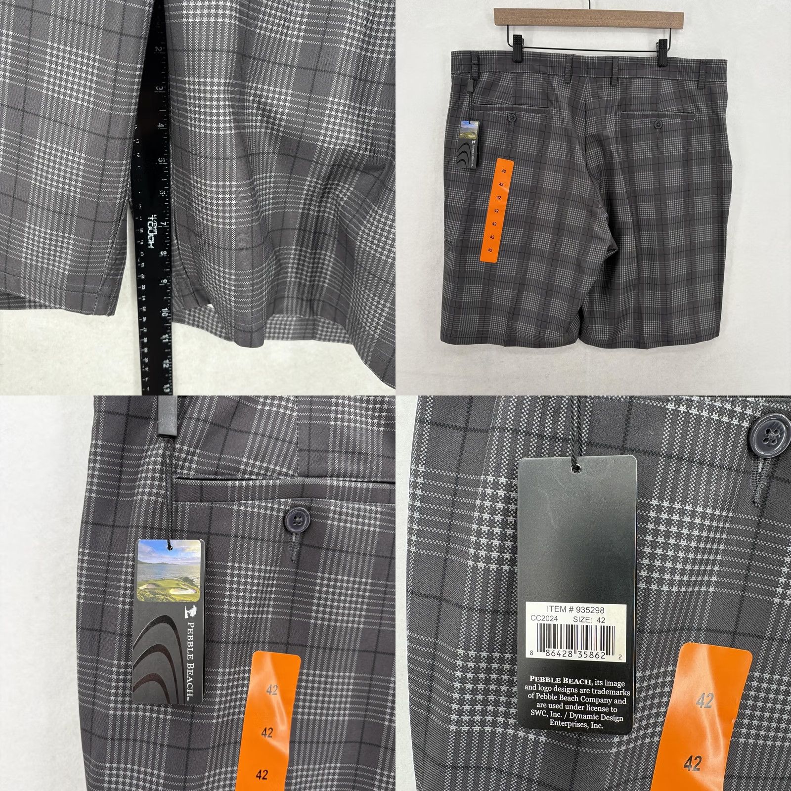 Vintage Pebble Beach Mens 42 Gray Plaid Cargo Shorts 10" Stretch NWT Casual Golf Polyester Spandex Moisture Wicking Pocket Front Zip Summer Inseam 10in Mens Size US 42 / EU 58 - 8 Thumbnail