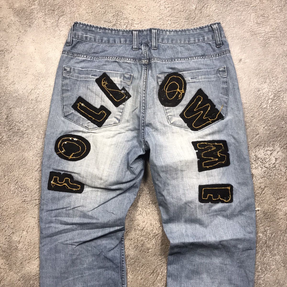 vintage follow me denim japan jeans distressed flared 90s