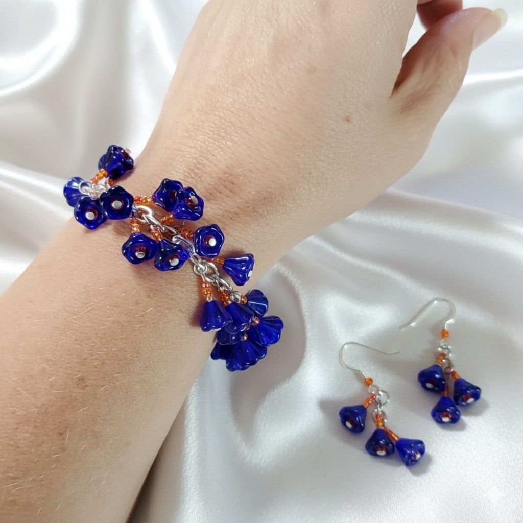 Handmade Flower 6.75" Charm Bracelet Earrings Handmade Blue Glass Size ONE SIZE - 5 Thumbnail