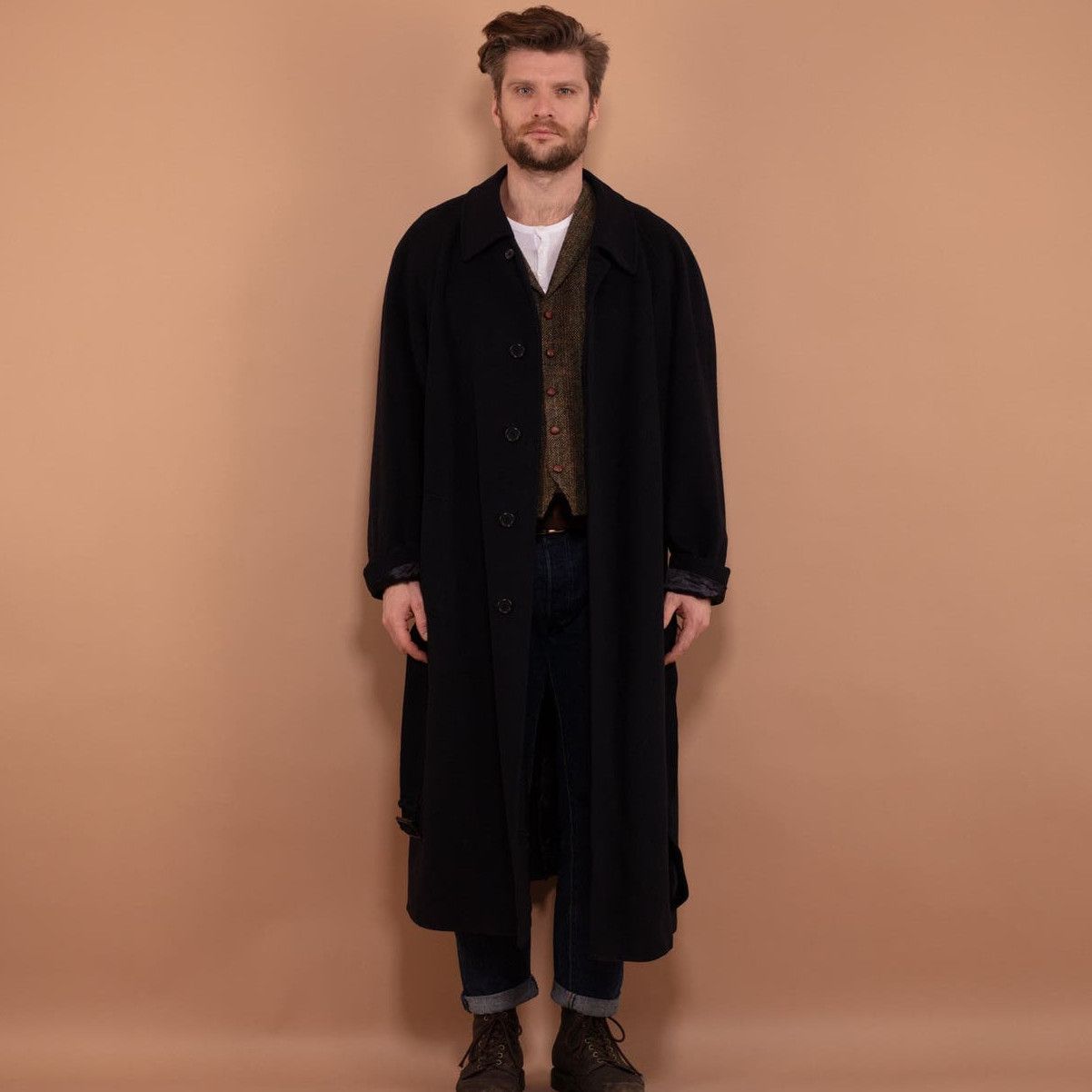 Image of Vintage 80's Men Wool And Cashmere Overcoat In Navy Blue (Size 2XL)