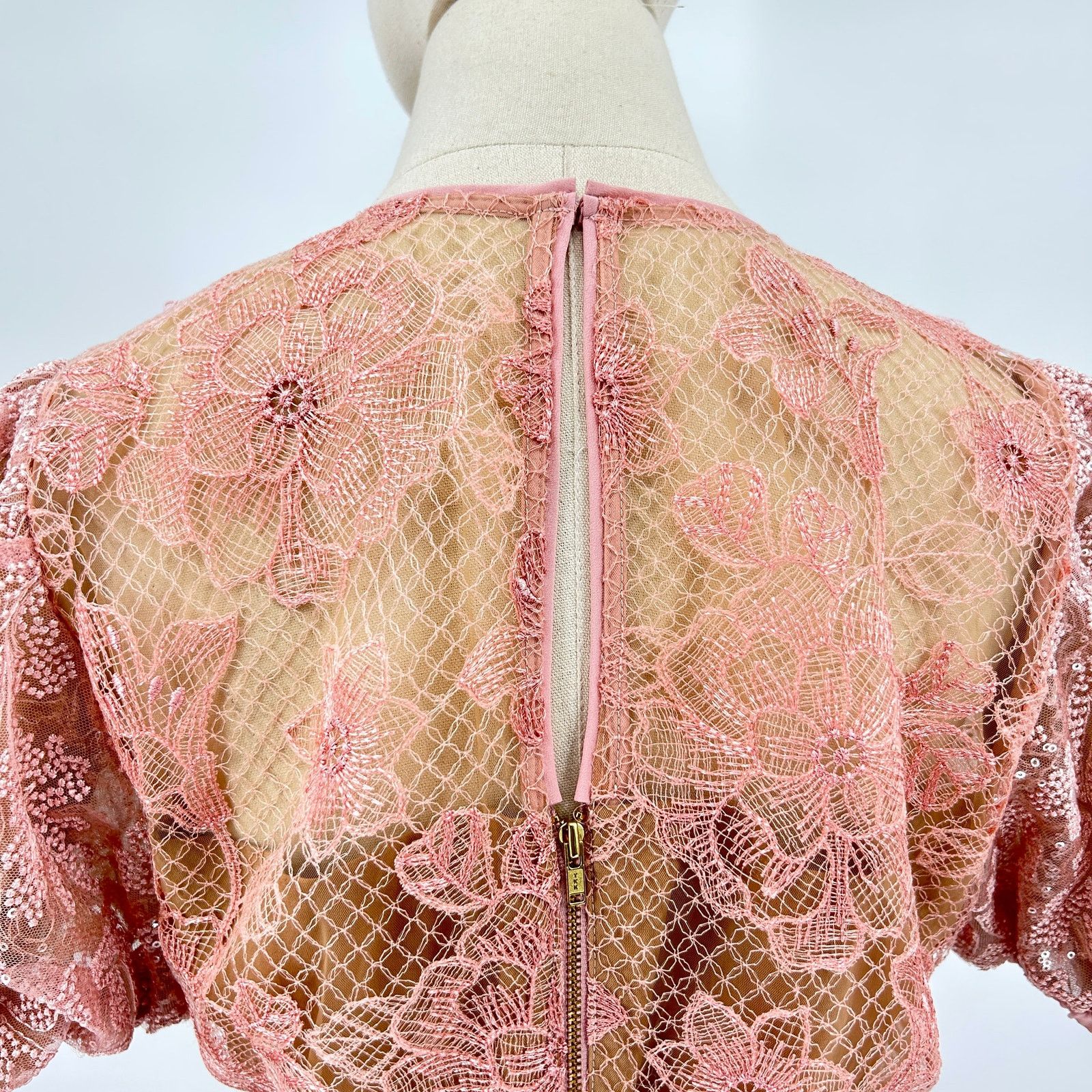 Self-Portrait Blush Pink Sequin Floral Lace Puff Sleeve Mini Dress Size M / US 6-8 / IT 42-44 - 7 Thumbnail