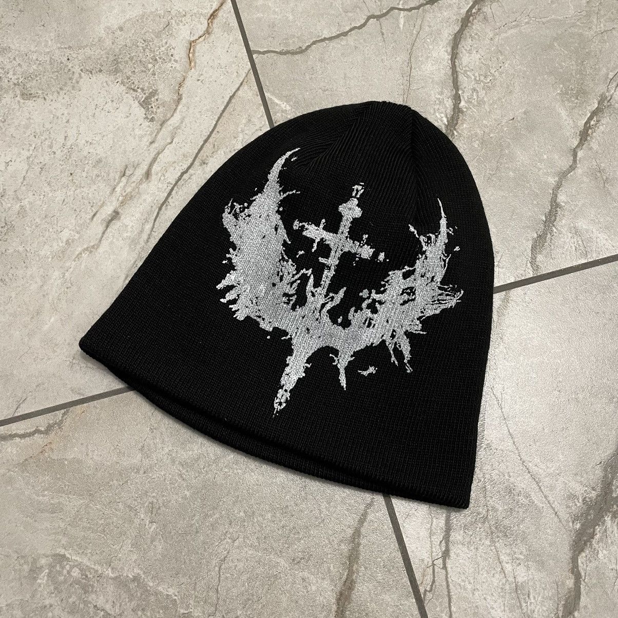 Other Beanie Hat y2k cross and bat pattern alt grunge gorp core Size ONE SIZE - 1 Thumbnail