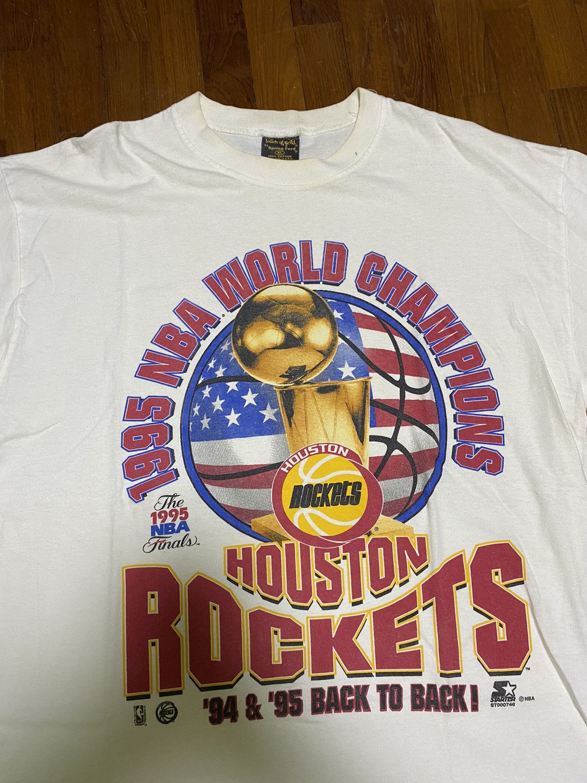 Image of NBA x Starter Vintage ‘95 World Champs Houston Rockets Back To Back Tee in White, Men's (Size XL)