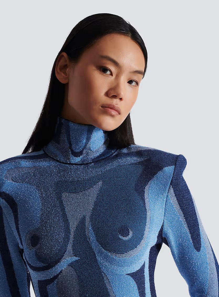 Balmain o1s1wg111225 Jacquard Knit Dress With Body Motif in Blue Size M / US 6-8 / IT 42-44 - 8 Thumbnail