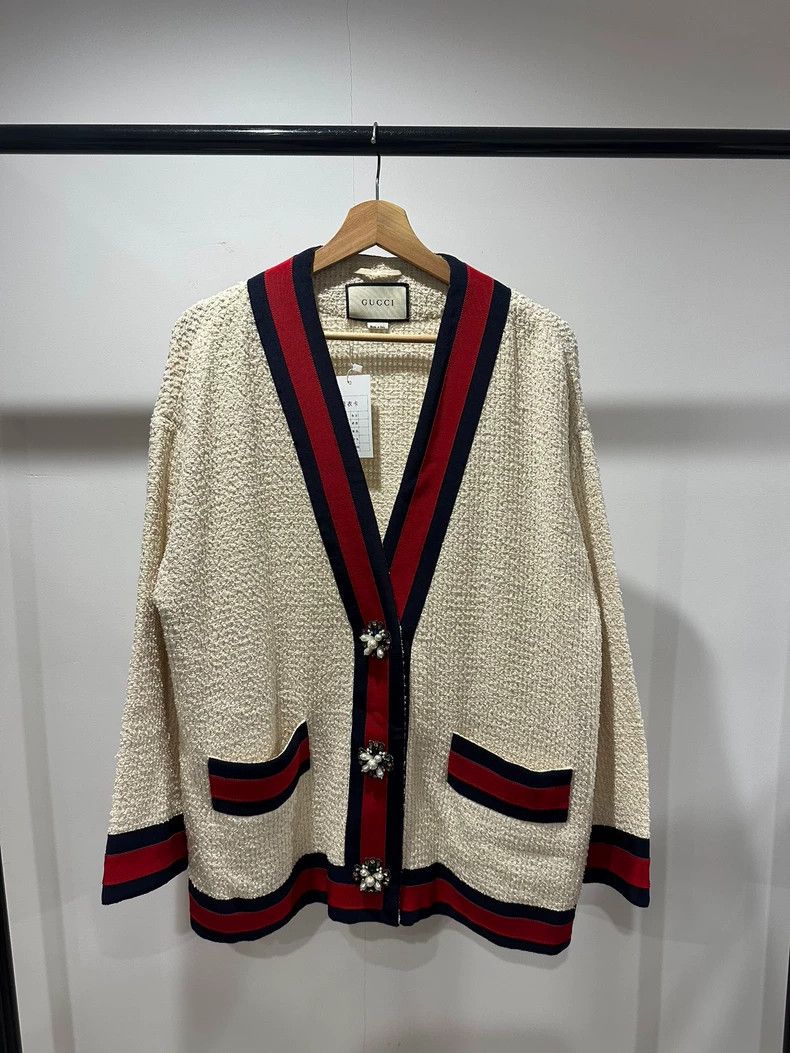 Gucci Gucci Classic white rhinestone red and blue striped cardiga Size US XS / EU 42 / 0 - 1 Thumbnail