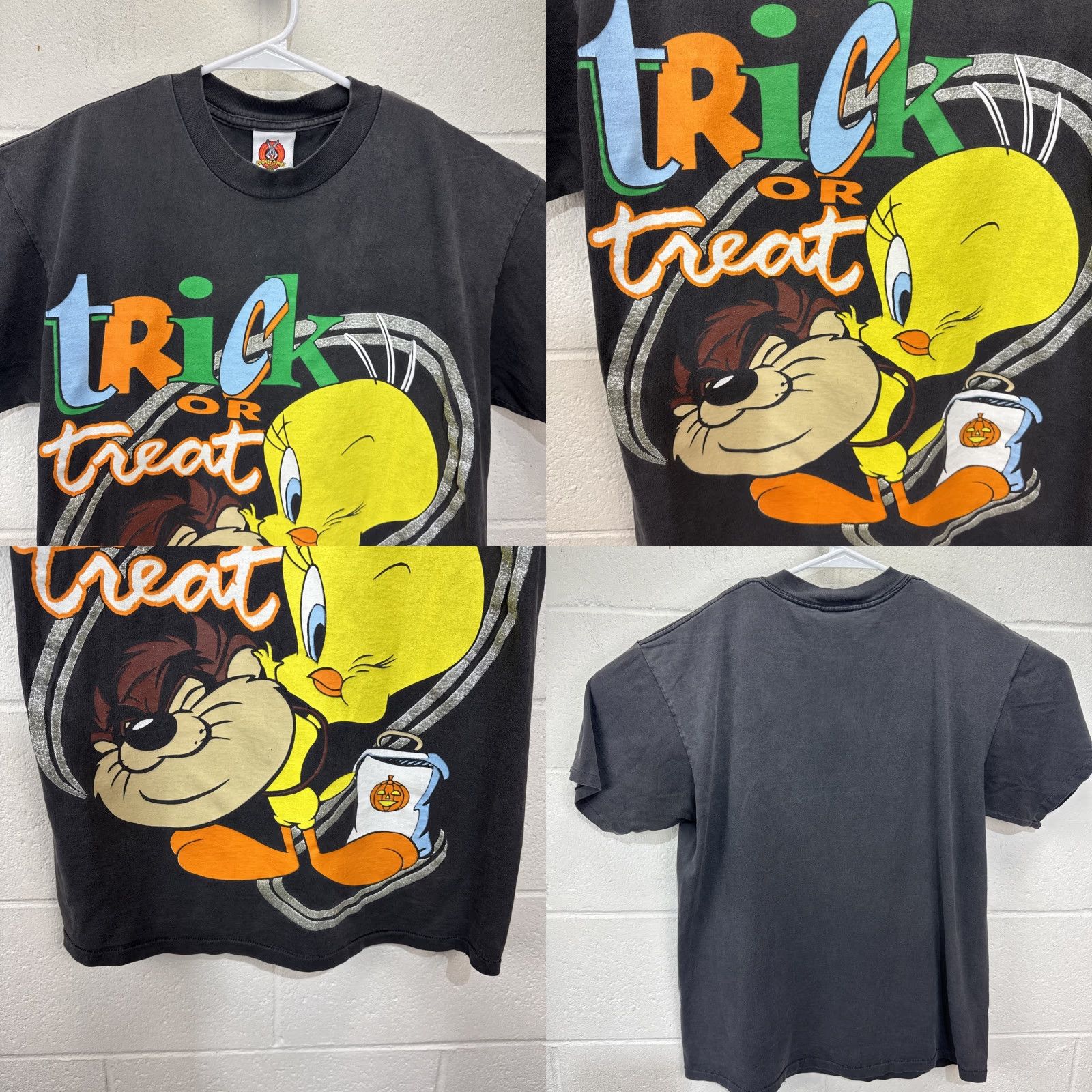 Vintage VINTAGE Looney Tunes T-Shirt Tweety & Taz Halloween Trick Or Treat Graphic Print Adult L Black 1998 Mens Womens Size US L / EU 52-54 / 3 - 8 Thumbnail