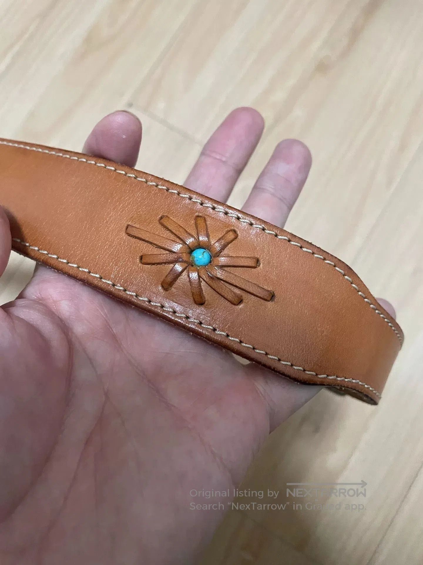 Japanese Brand Handmade Italian Turquoise Inlaid Leather Belt. Size ONE SIZE - 2 Thumbnail