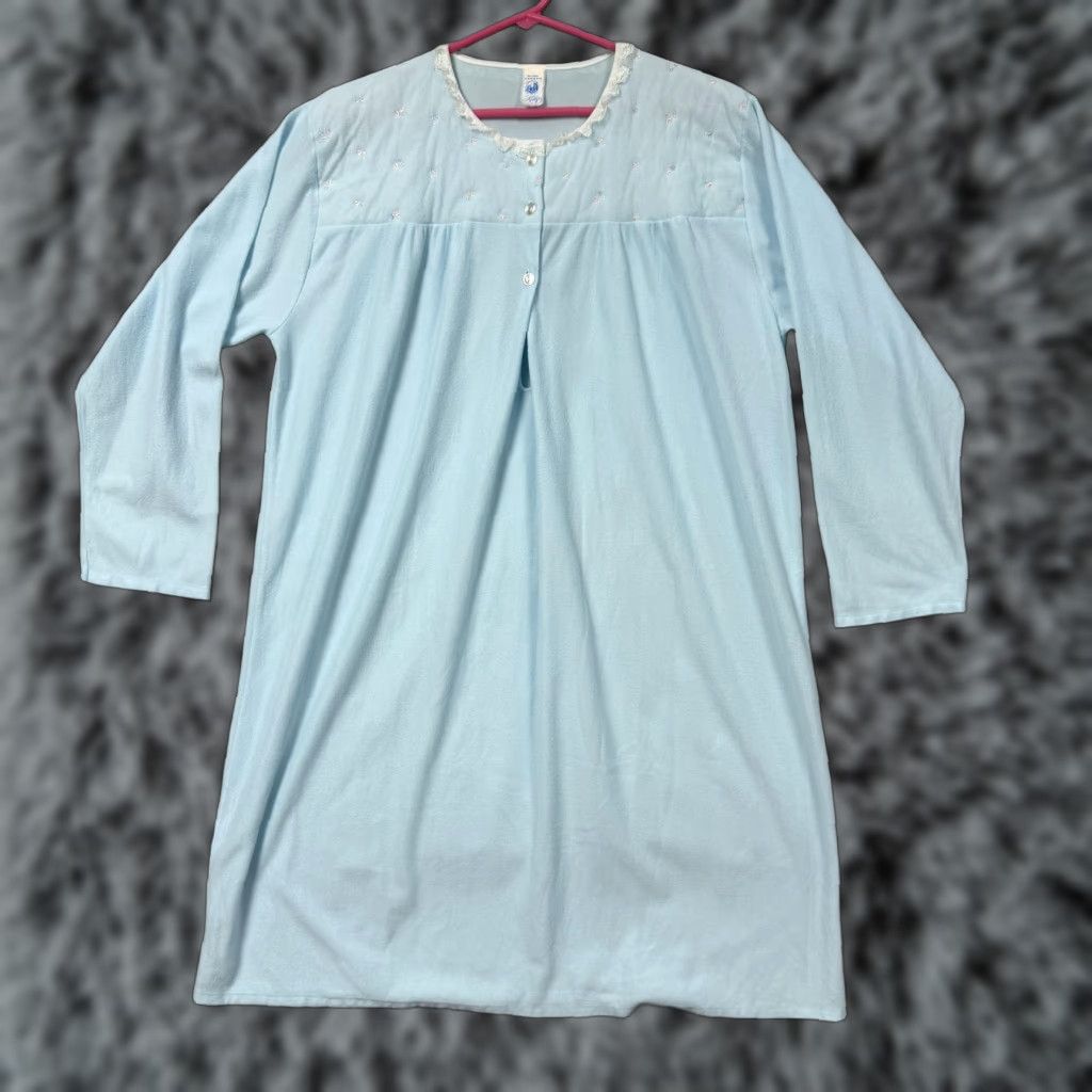 Vintage VTG Katz Nightgown Womens Plus 2X Blue Embroidered Lace Ruffle Knit Gown Size ONE SIZE - 1 Thumbnail