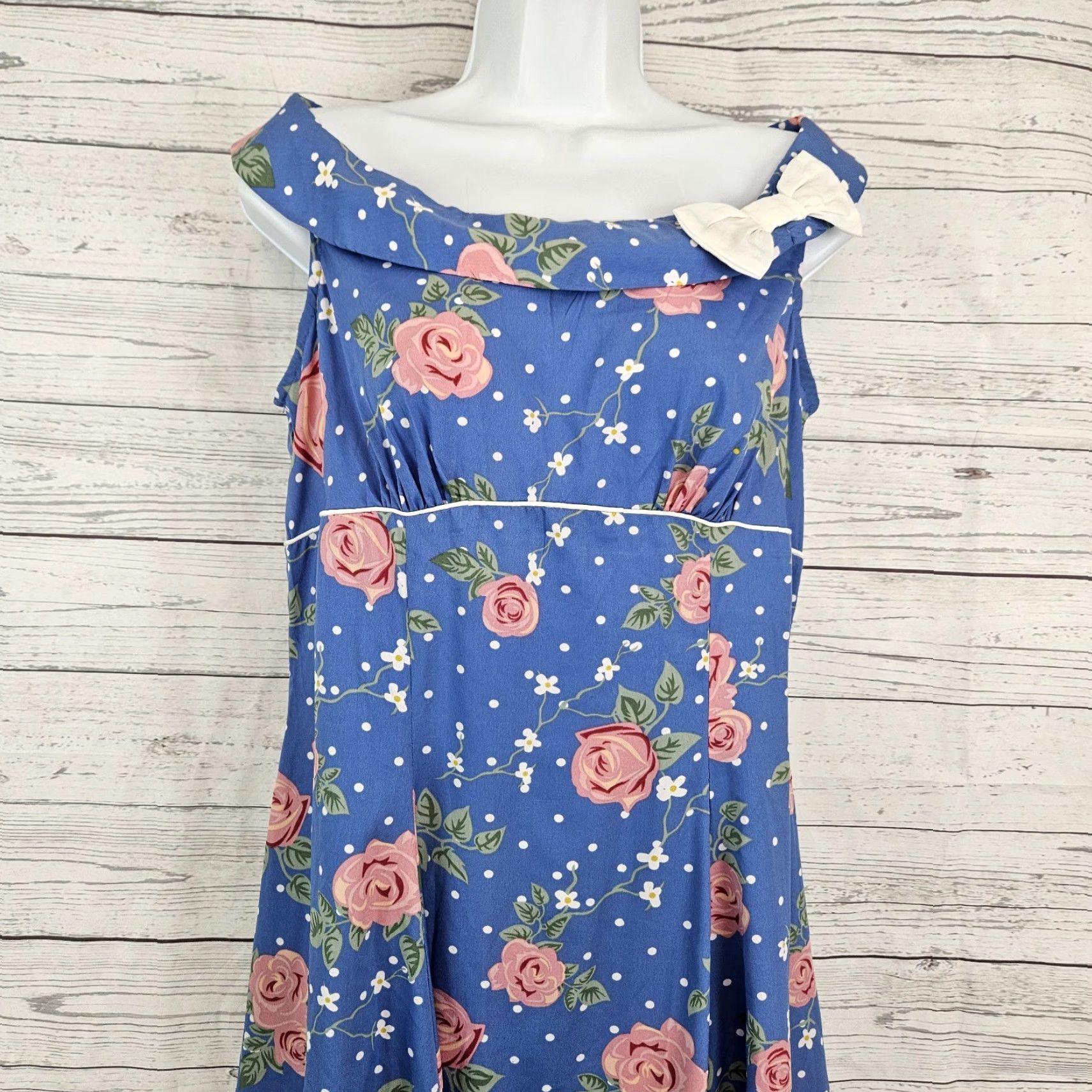 Hell Bunny Vixen Dress Womens L Blue Floral Sleeveless Knee Length Zip Polka  Dot Brand Flowers