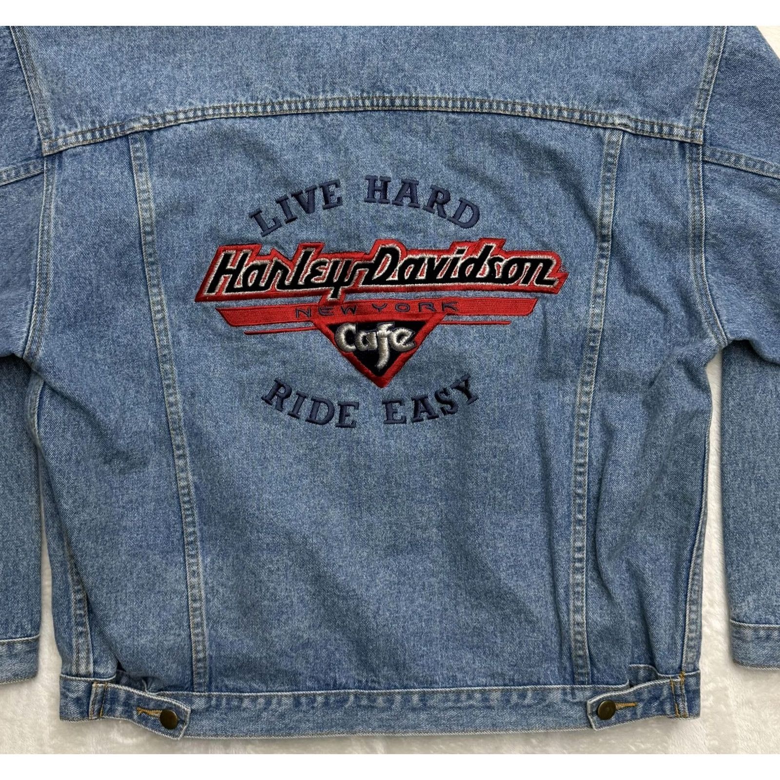 Harley Davidson VINTAGE Harley-Davidson NY Jacket Mens Large Blue Denim Cafe Embroidered 90s Regular Lightweight Casual Size US L / EU 52-54 / 3 - 2 Thumbnail