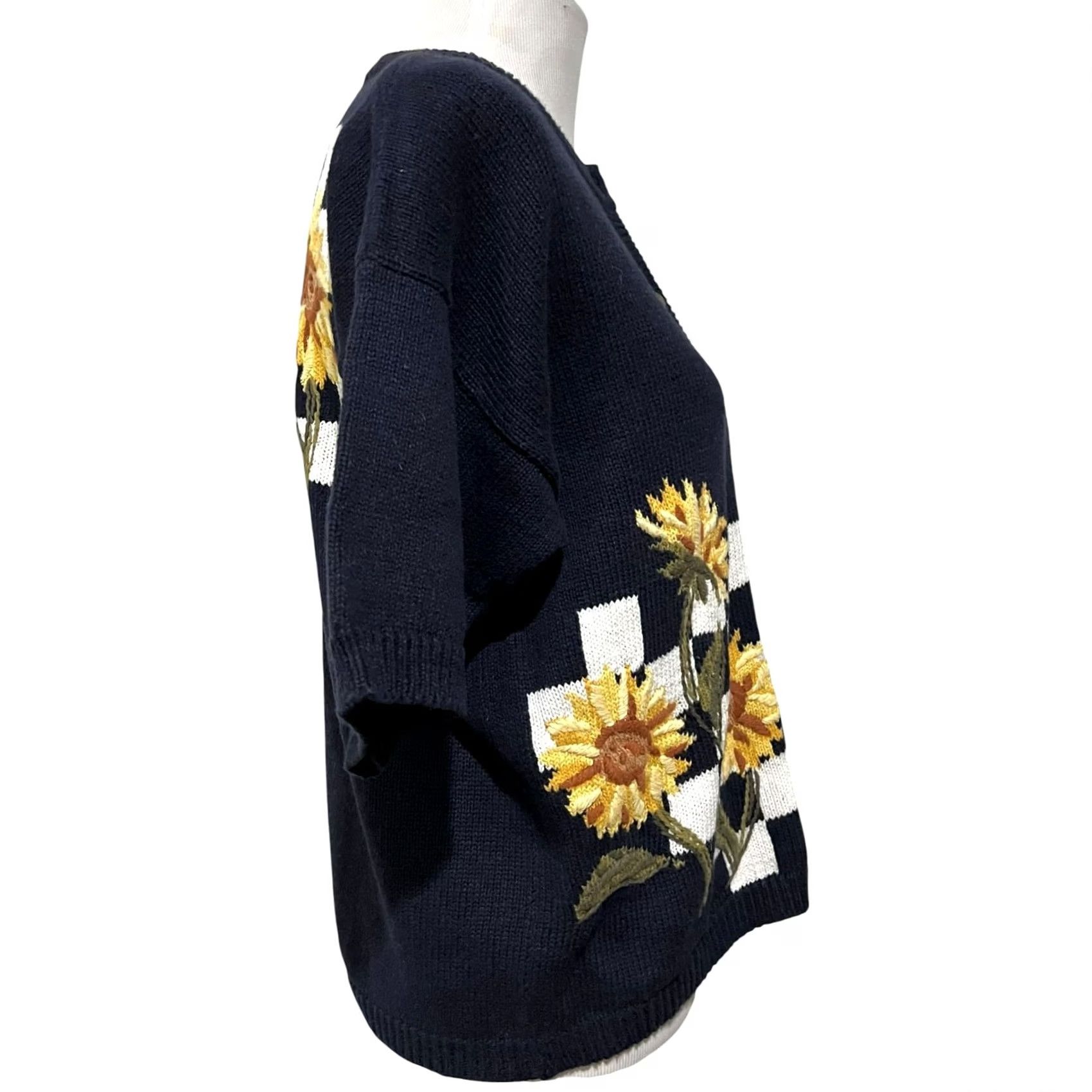 LE CIEL BLEU VINTAGE Sunflowers Navy Blue Gold Buttons Cardigan Sweater 90s Women’s Large L Crew Neck Floral Short Sleeve Size L / US 10 / IT 46 - 7 Thumbnail